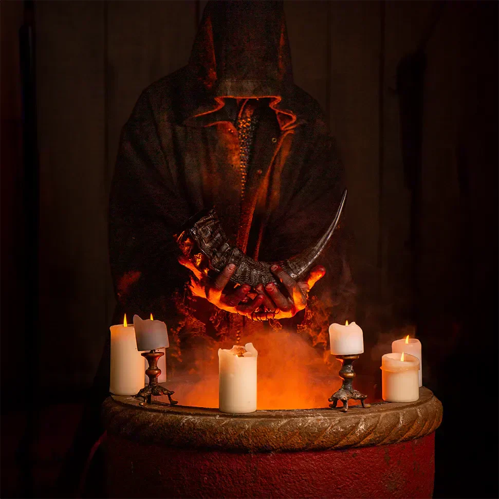 A mysterious figure in a hooded cloak holding a horn, surrounded by candles and smoke, representing Shady Shenanigans.