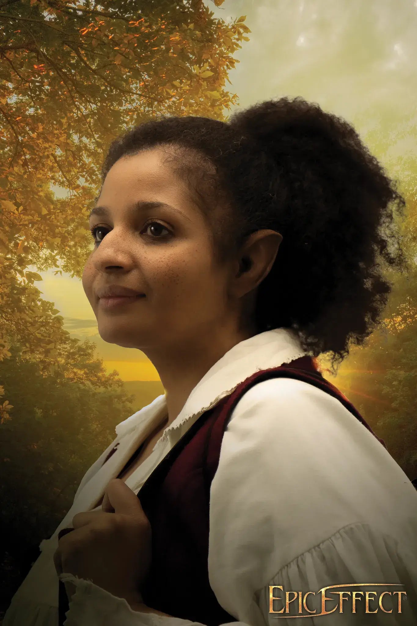 A portrait of a woman with halfling features, embodying the essence of Halflings in a serene outdoor setting.