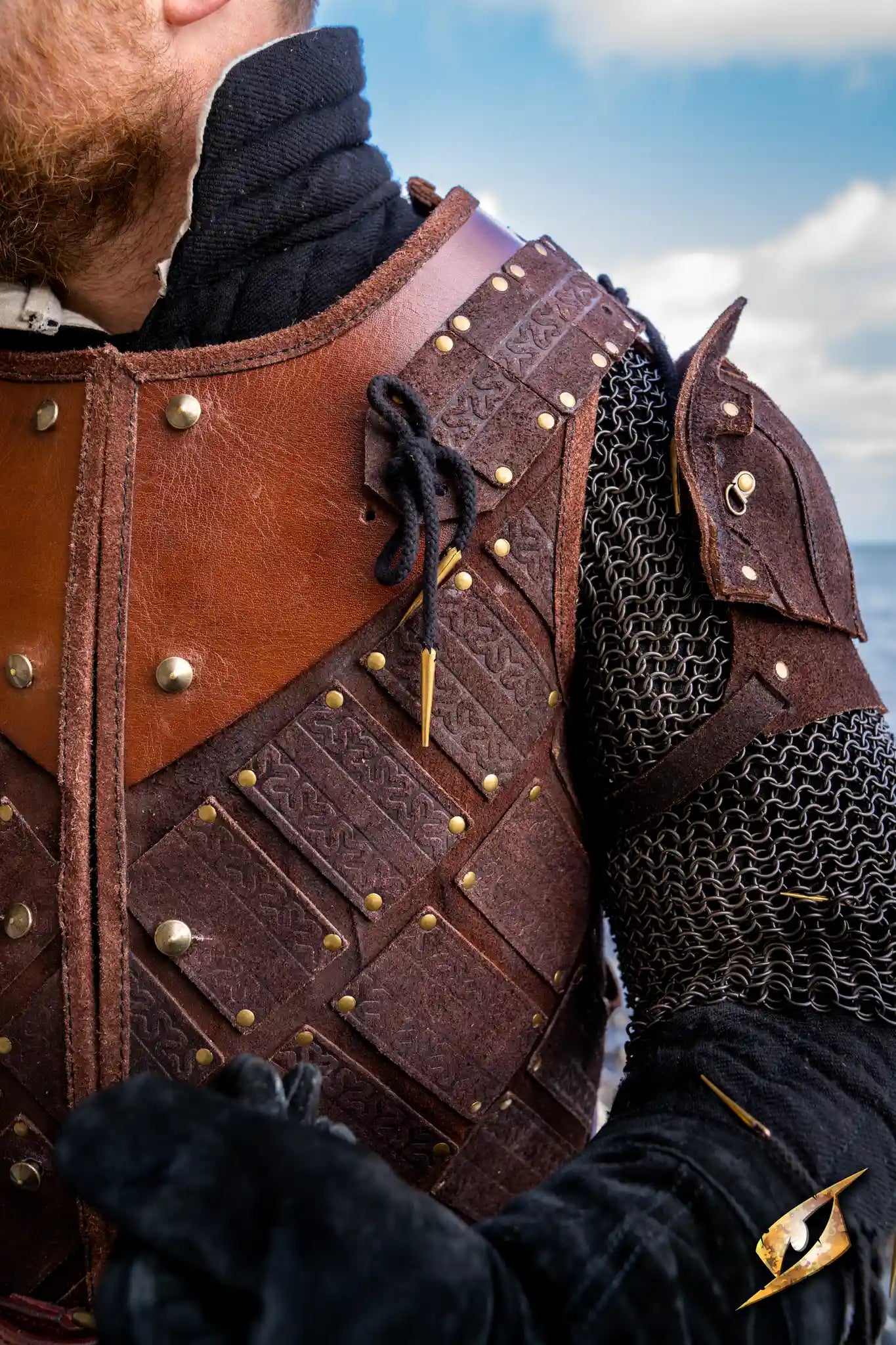 Close-up of a person wearing Leather Armor featuring intricate details and a historical design.