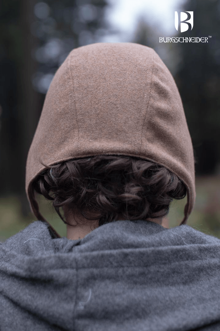 Back view of a person wearing the Bundling Hood Wolfram by Burgschneider, showcasing its warm wool blend design.