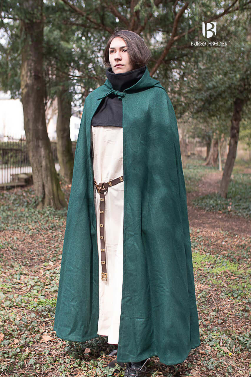 Wool Hooded Cloak Hibernus in green, showcasing a fashionable look for adventurers, designed by Burgschneider.
