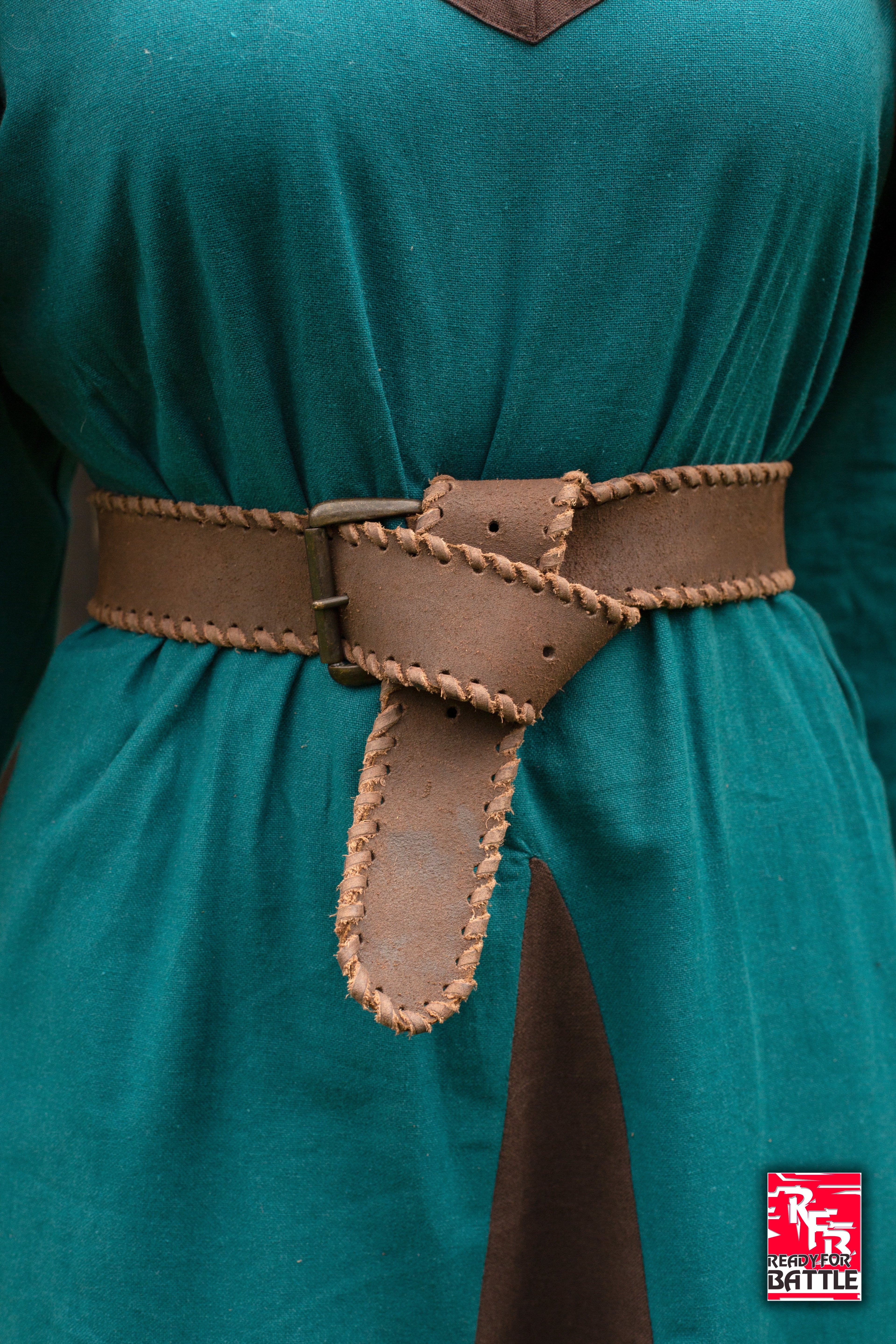 RFB Laced Belt worn over a green tunic, featuring intricate stitching and a functional design for vintage styling.