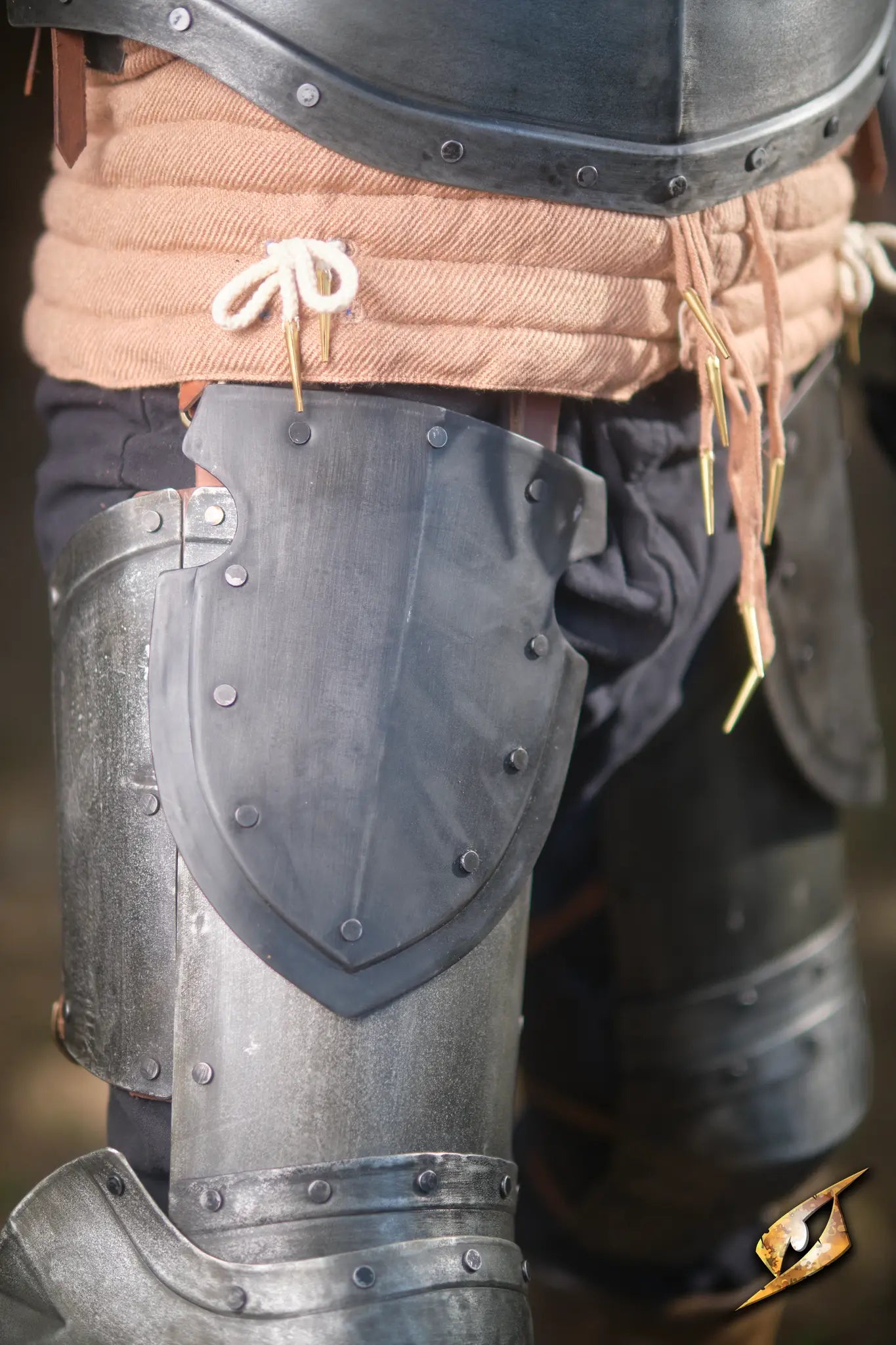 Detailed view of Captain Belt Shields, made from polished steel for battlefield protection and part of Captain Armour Complete Set.