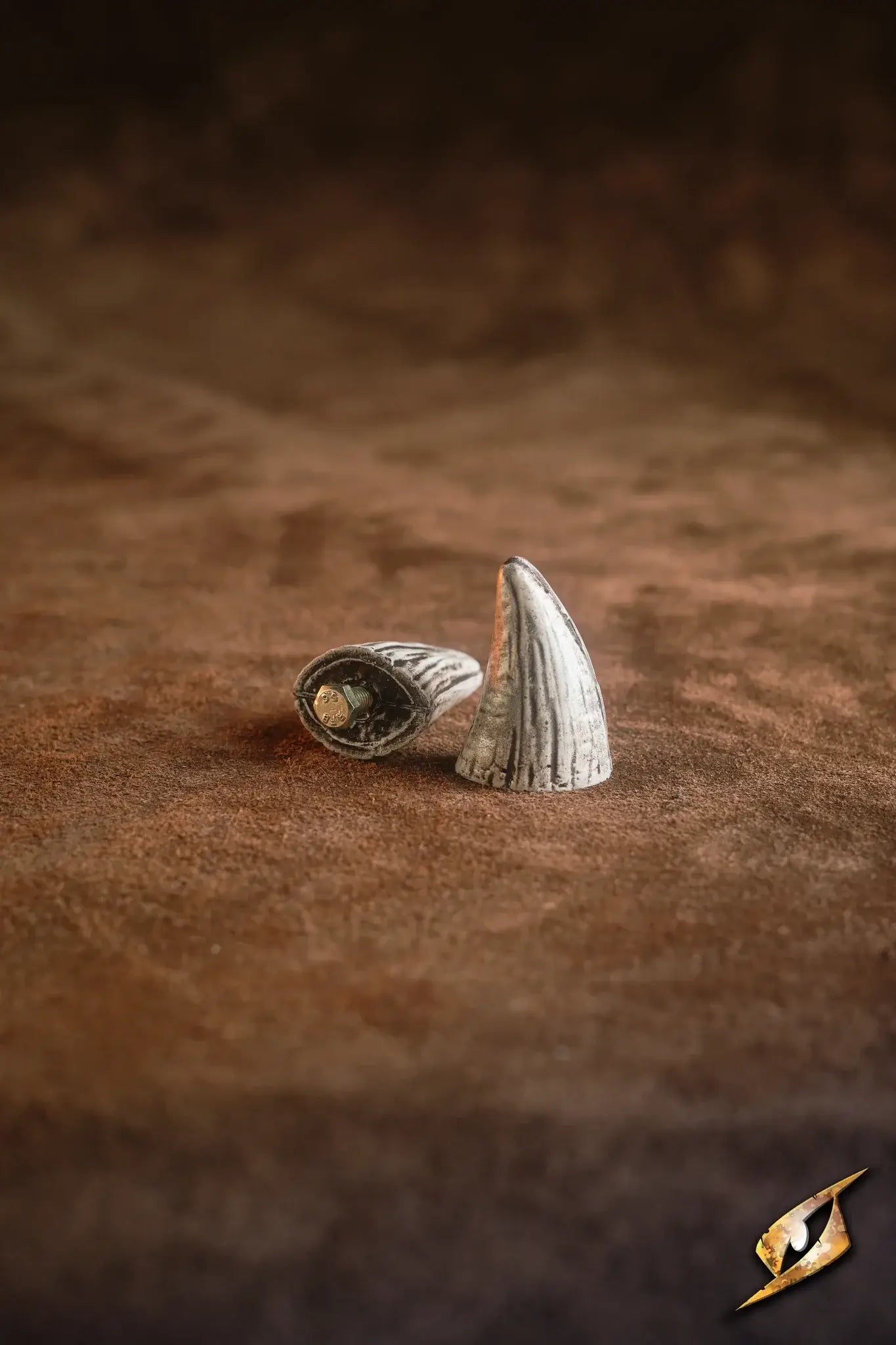 Mountable Demon Horns made of polyurethane displayed on a brown background.