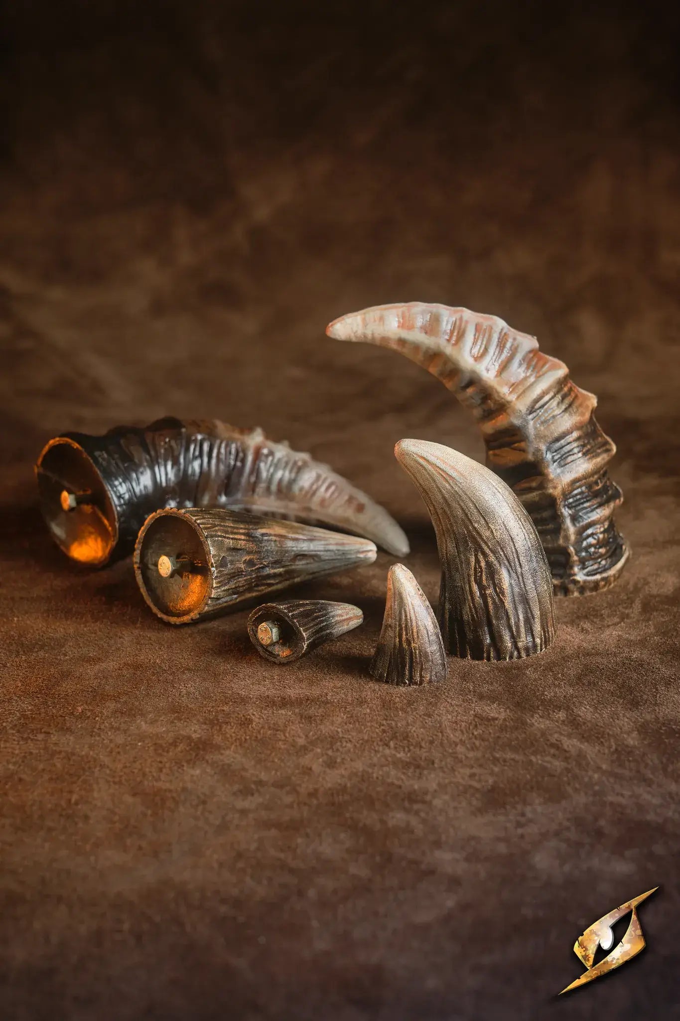 Mountable Demon Horns set displayed on a dark background, perfect for enhancing your villainous armor.