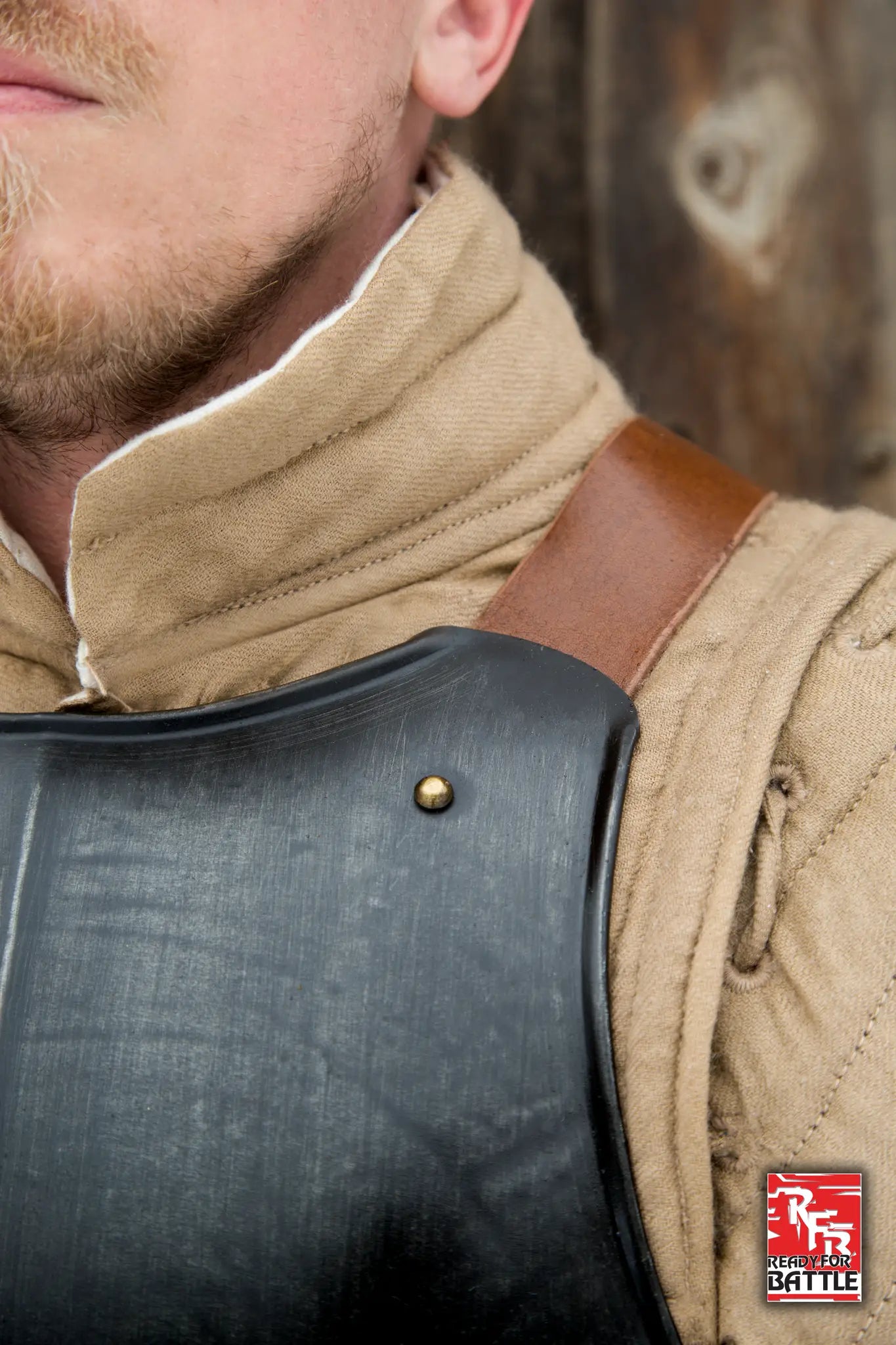 Close-up of RFB Breastplate worn by a soldier, showcasing its design and craftsmanship.