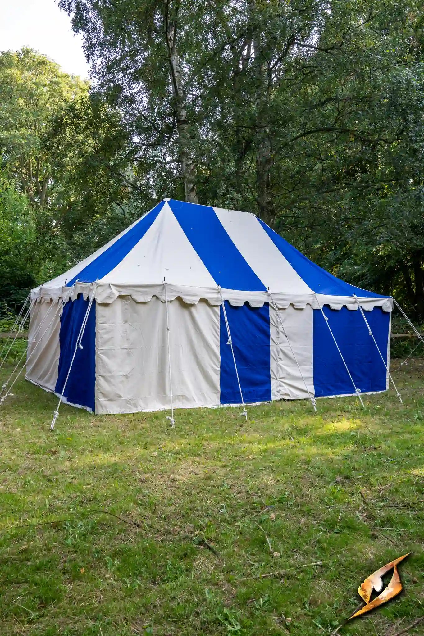 Marquee Tent - 4x6m set up on a grassy area, featuring blue and white striped design.
