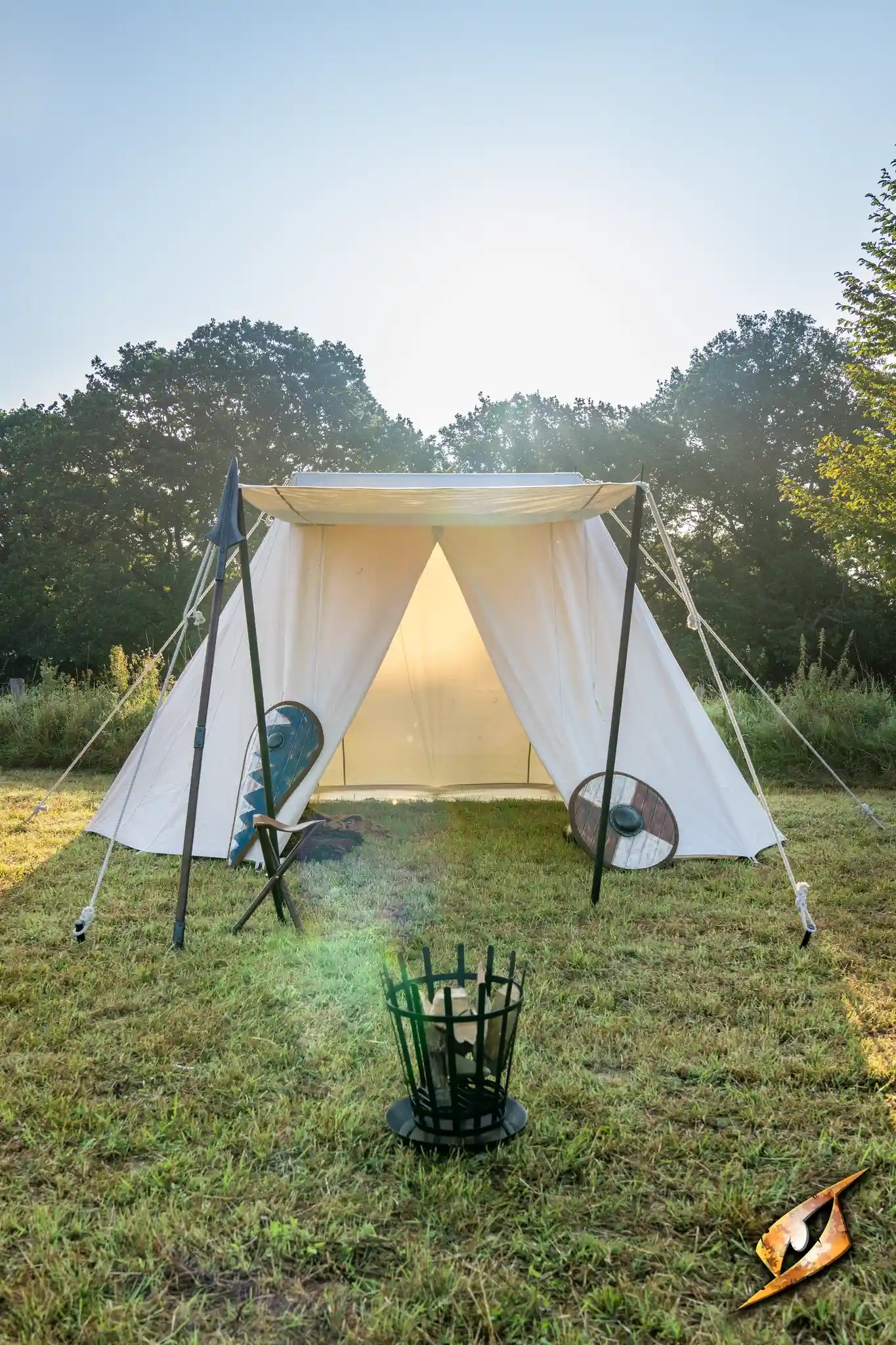 Double Wedge Tent - 3x5 m set up in a sunny campsite with fans and a fire pit.