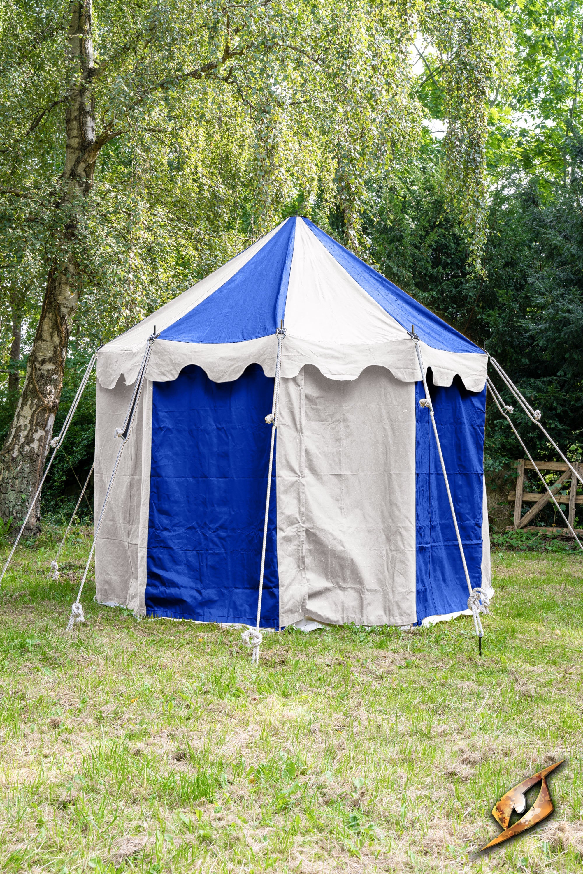 Round Pavilion Tent - 3m set up in a grassy area, featuring blue and beige colors, ideal for outdoor events.
