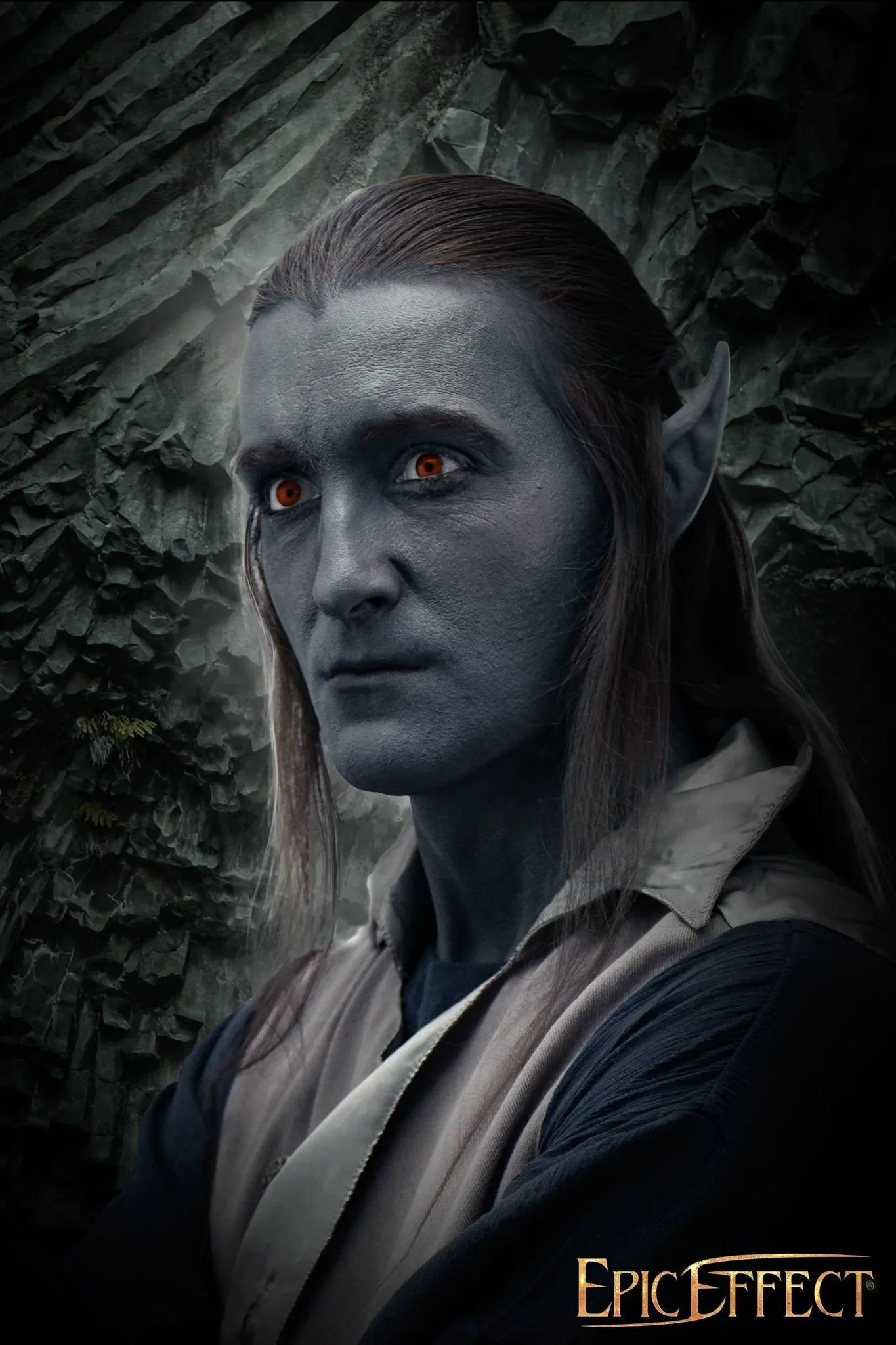 A model showcasing Elven Ears Long with striking features and a mystical background.