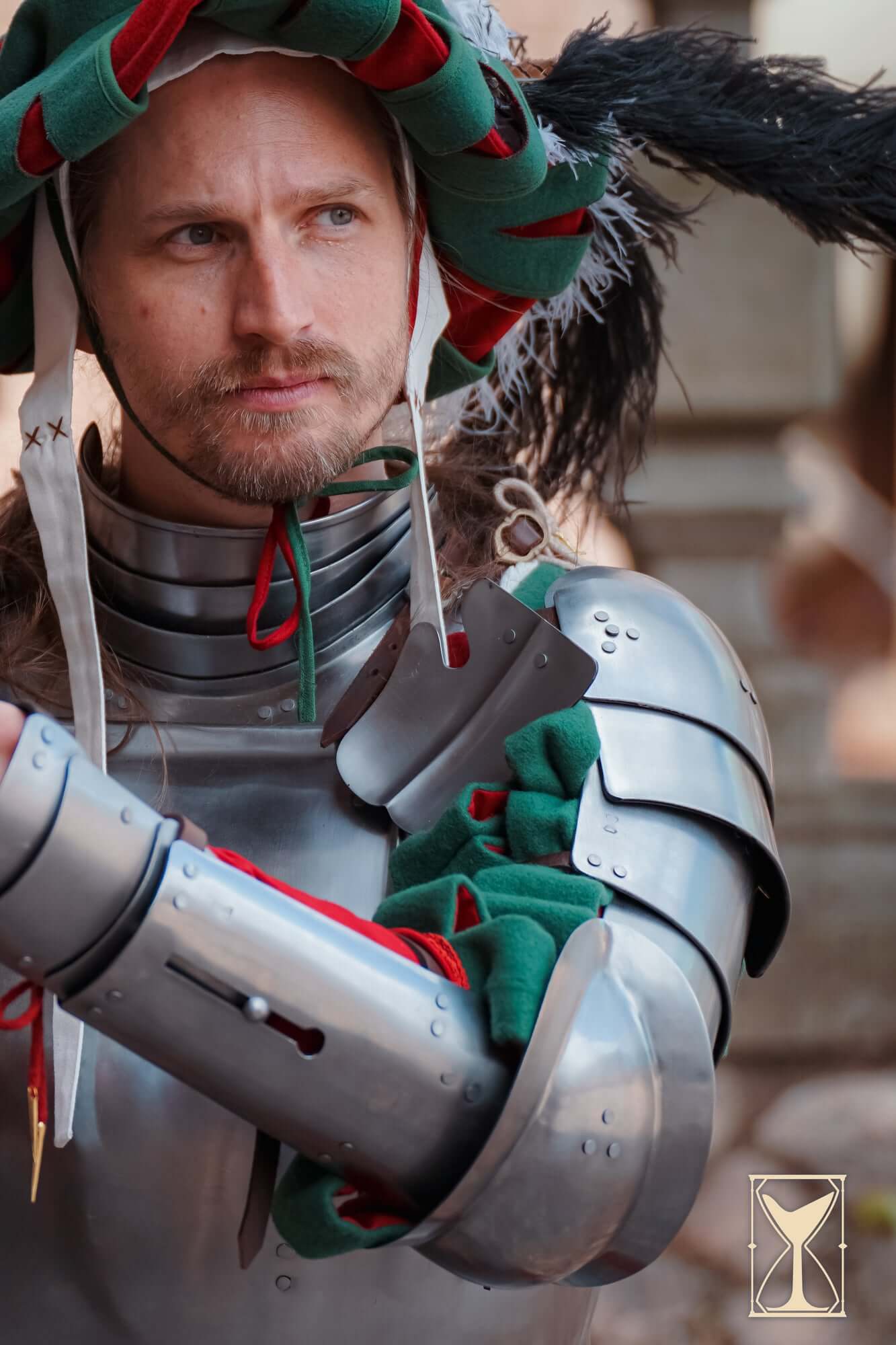 Landsknecht Spaulder - 1.6mm - Yoremade worn by a model, showcasing unique layered protection and historical design.