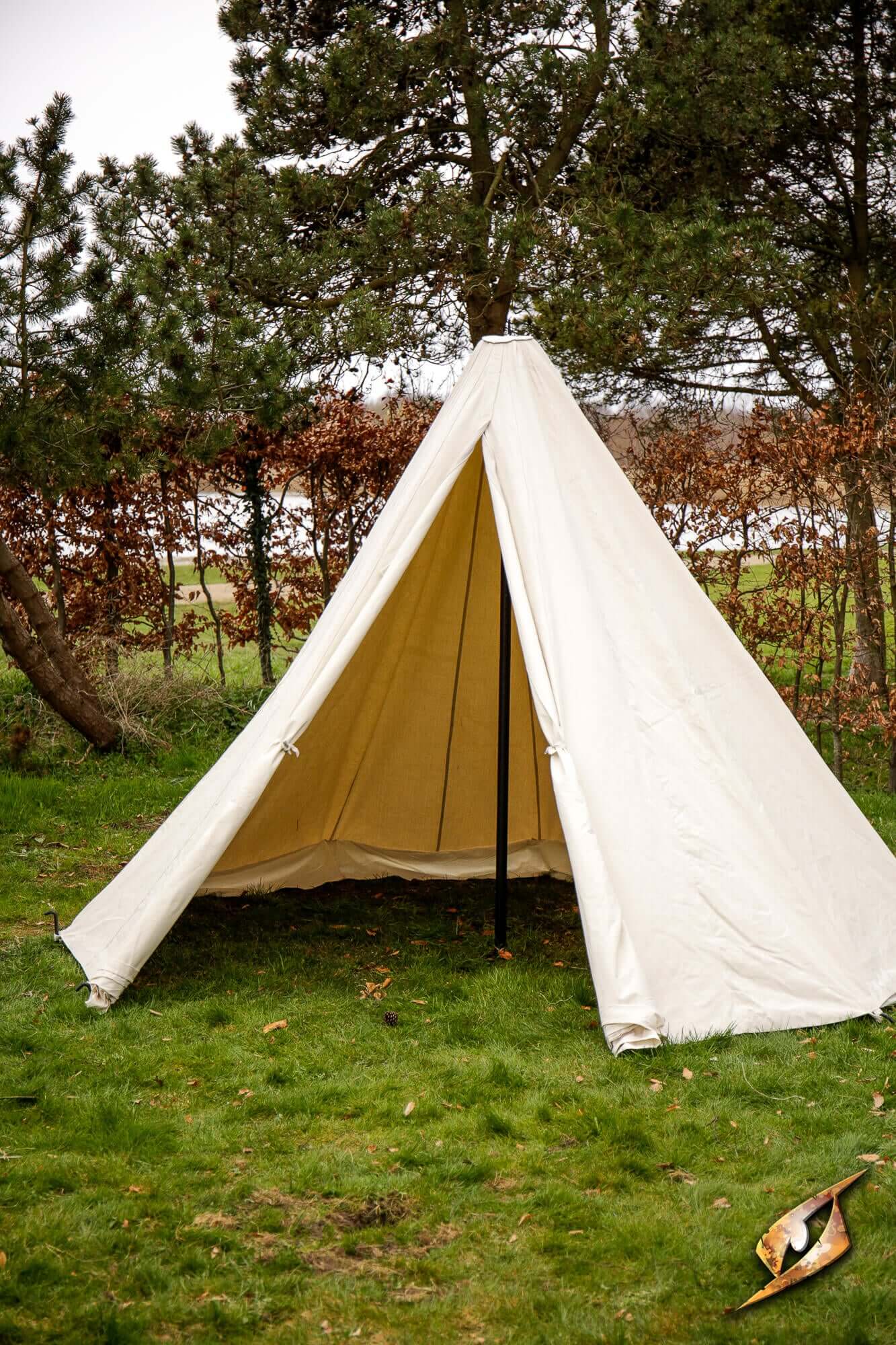 Complete Conical Tent - Compact set up in a grassy area surrounded by trees, showcasing its spacious design.