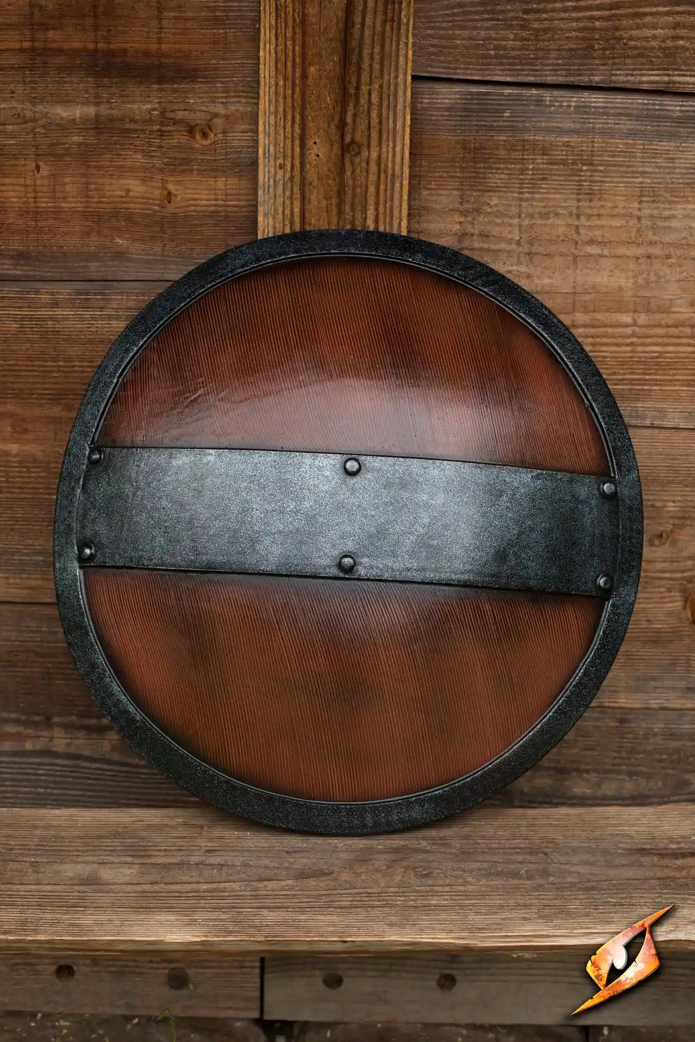 Braced Shield featuring a detailed wooden texture and sculpted iron rim for epic medieval defense.