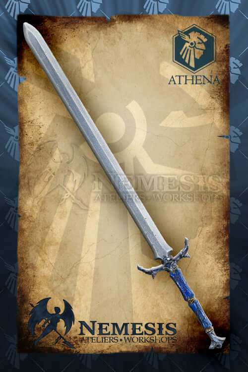 Wizard's sword with a notched blade, 110 cm long, featured against an ancient background.