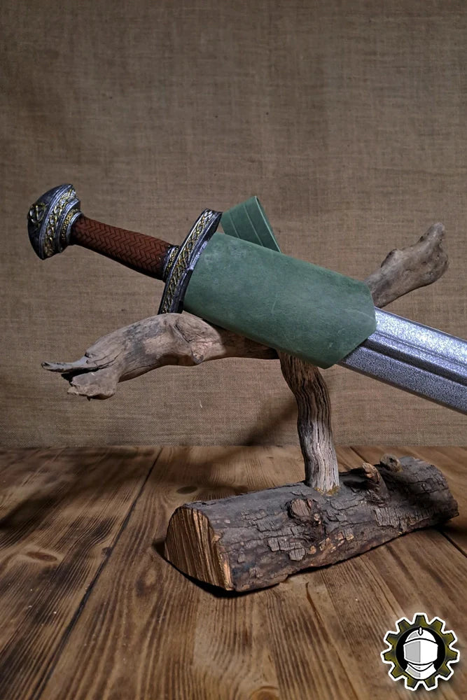 Sword Holder (New Blood) displaying a LARP sword on a wooden stand, designed for functionality and comfort.