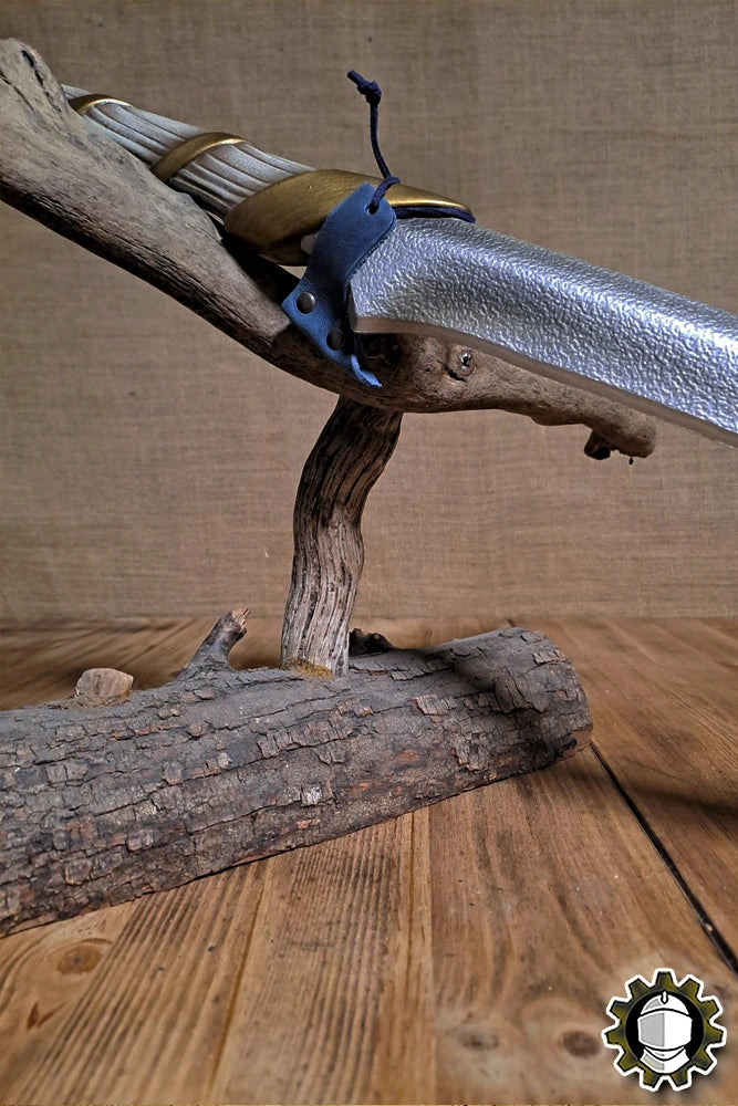 Blade Hook (New Blood) securing a sword on a wooden holder, showcasing its functional design and craftsmanship.