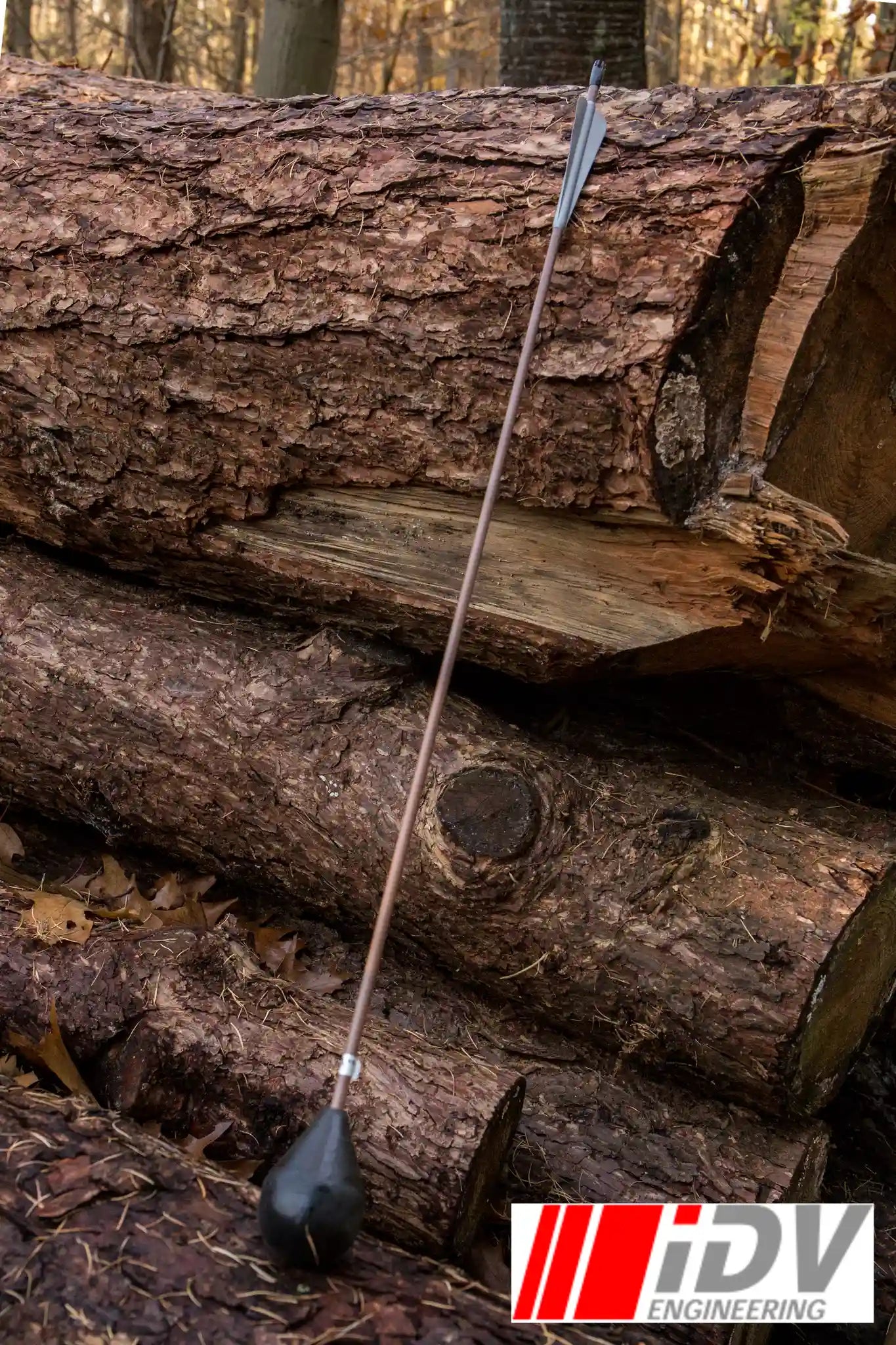 Arrow - Round Head - Brown Shaft leaning on logs in a forest setting, showcasing its design and craftsmanship.