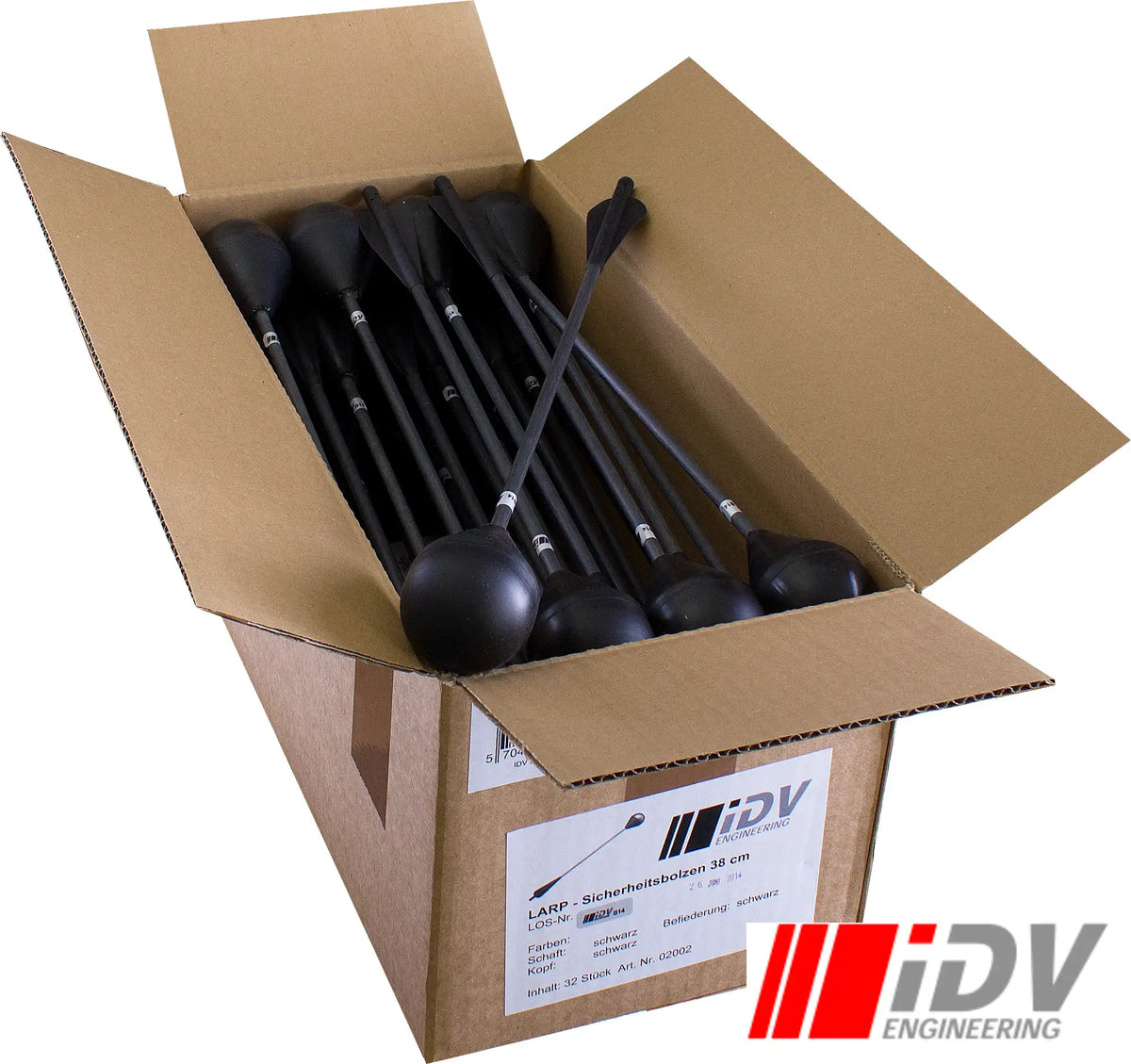 Bolt - Round Head - 15" - Black/Black arrows in box by iDV Engineering for LARP archery.