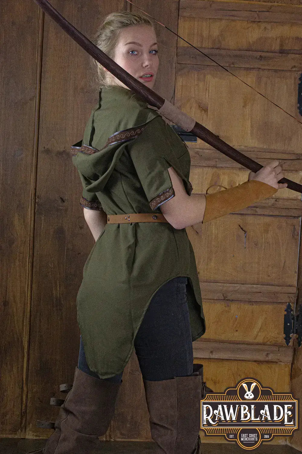 Briannan Ranger Tunic worn by a model with a bow, showcasing its comfort and stylish design.