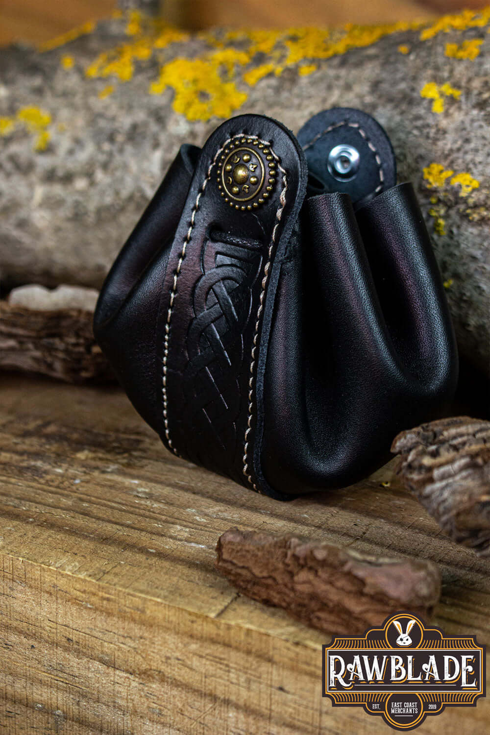 Wanderer Pouch Small in black leather with Celtic motifs and metal trimmings, stylish accessory for personal items.