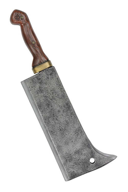 Butcher Cleaver with a steel-colored blade and rich wooden handle, designed for slicing meat.