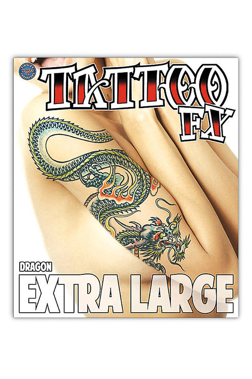 XL Dragon Temporary Tattoo displayed on an arm, showcasing its vibrant colors and intricate design.
