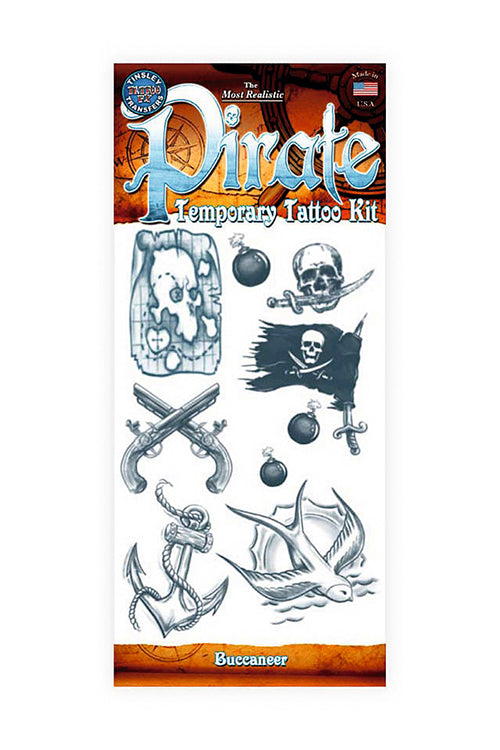 Buccaneer Pirate Temporary Tattoo Kit featuring realistic pirate-themed tattoos including a skull and crossbones.