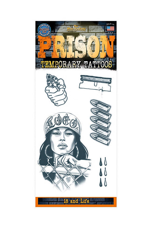 18 and Life Prison Temporary Tattoo Kit featuring realistic prison-themed designs and images.
