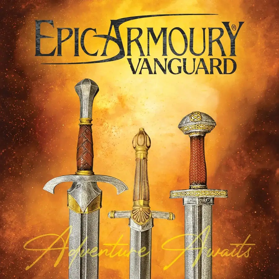 Epic Armoury Vanguard swords displayed against a fiery background, showcasing adventure awaits.