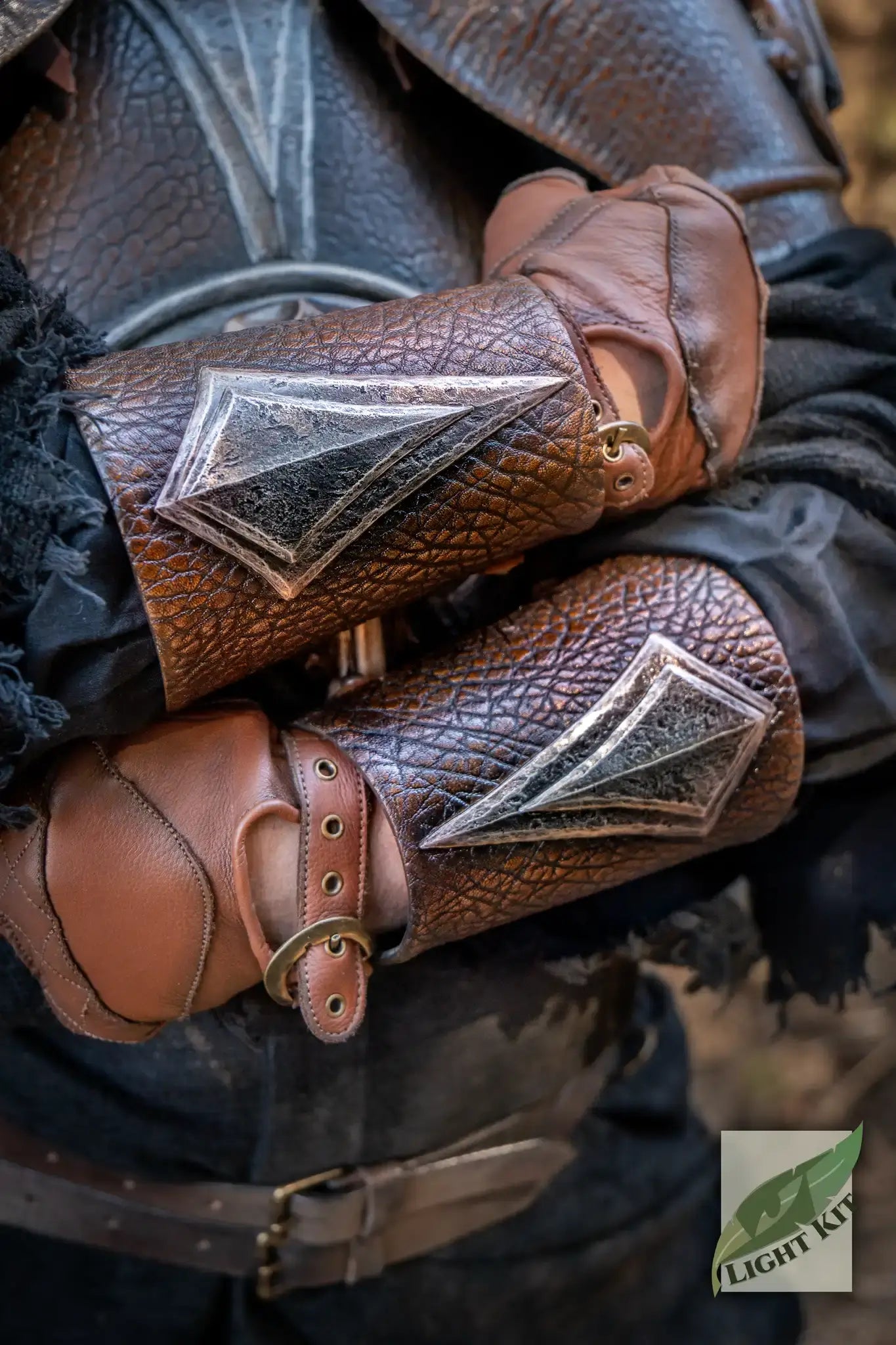 Close-up of PU Armor Bracers featuring detailed leather design and metallic accents, ideal for costume enthusiasts.