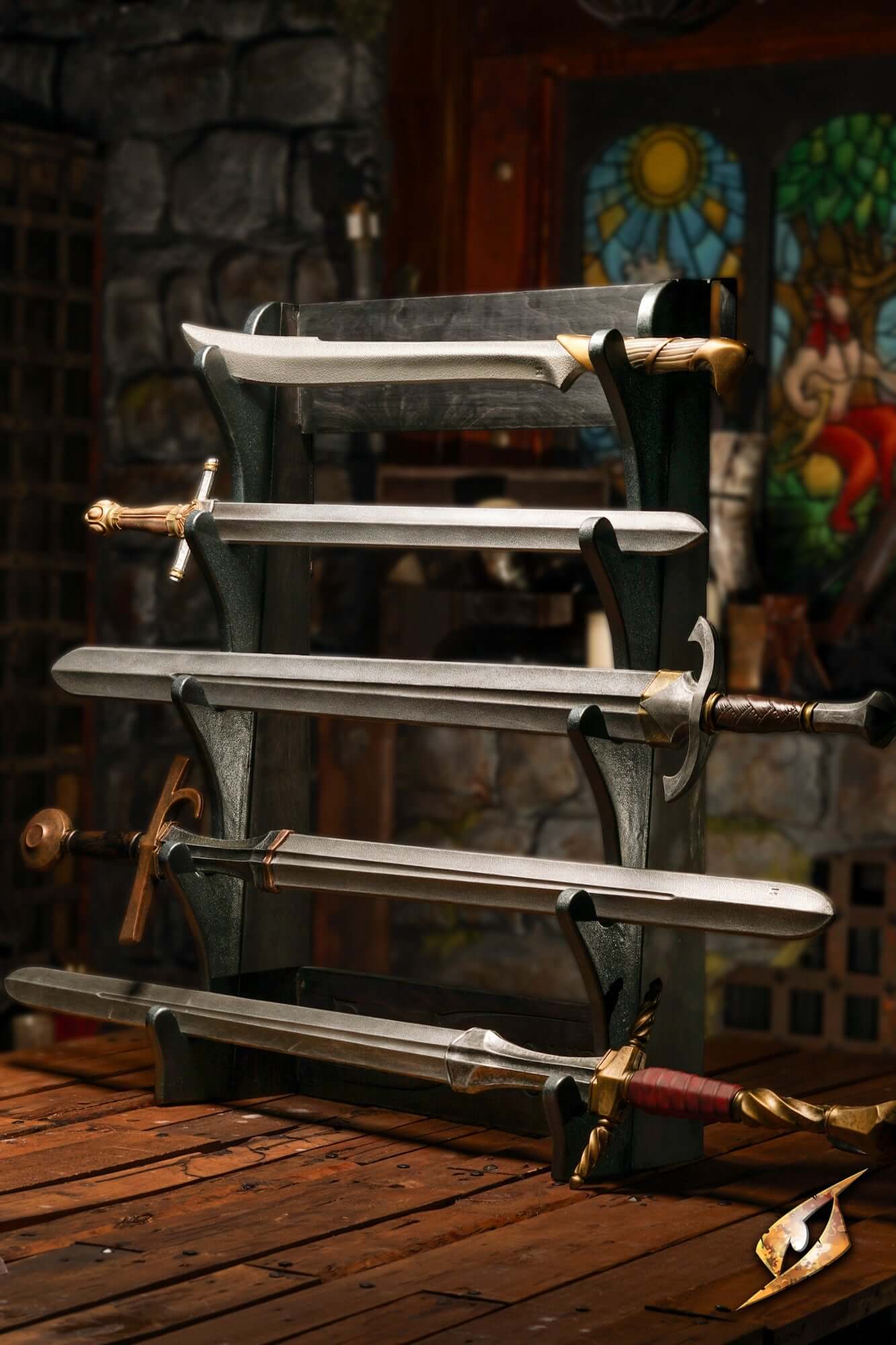 Display Racking showcasing swords in an elegant vertical display on a rustic wooden floor.