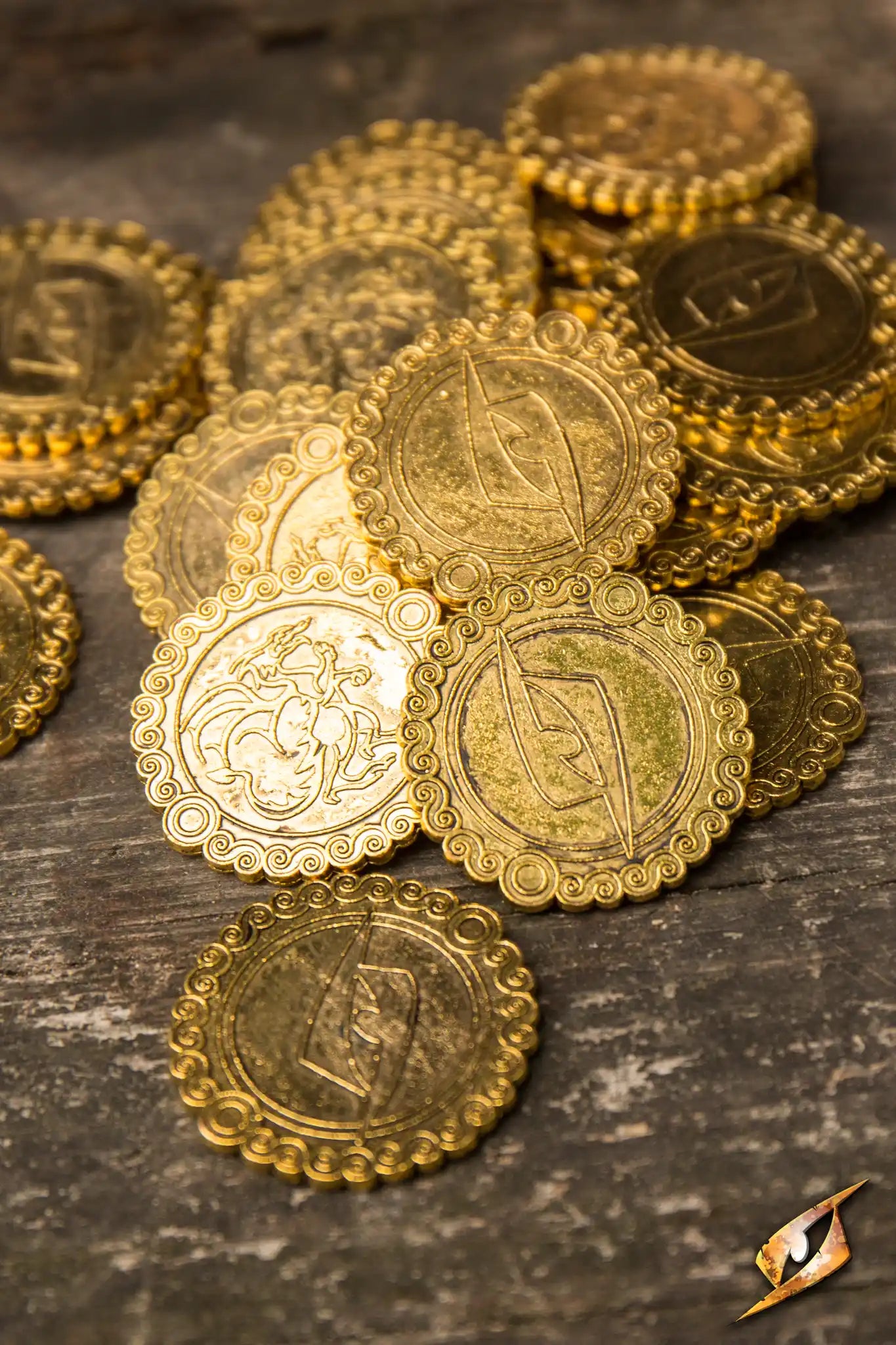 Game Props featuring gold coins piled on a rustic surface, essential for immersive storytelling.