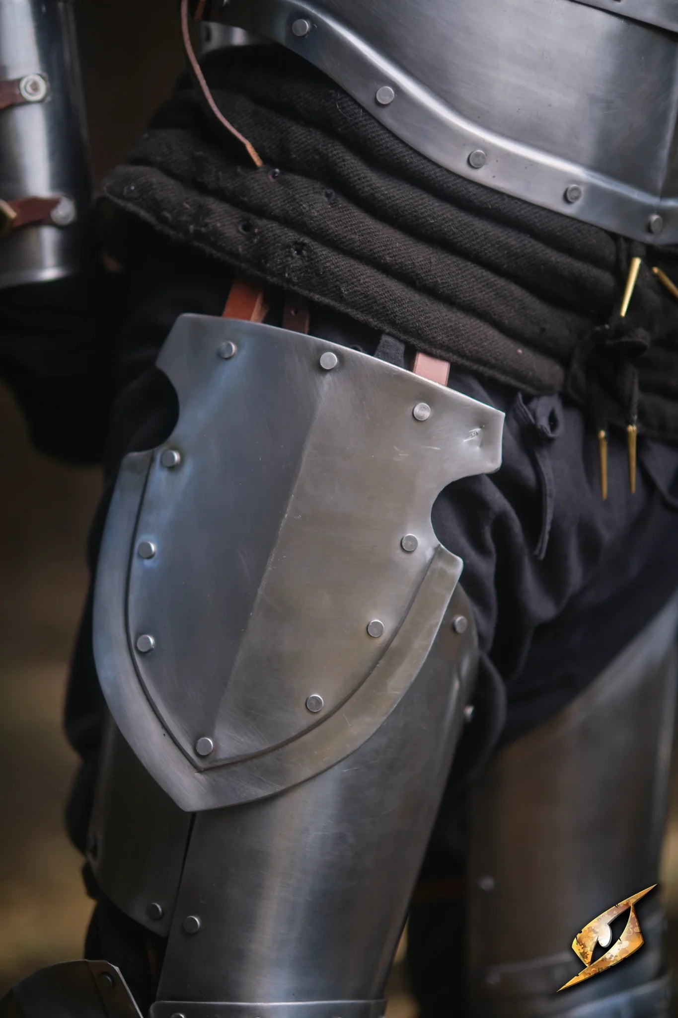 Detailed view of Captain Belt Shields, showcasing polished steel protection for the battlefield.