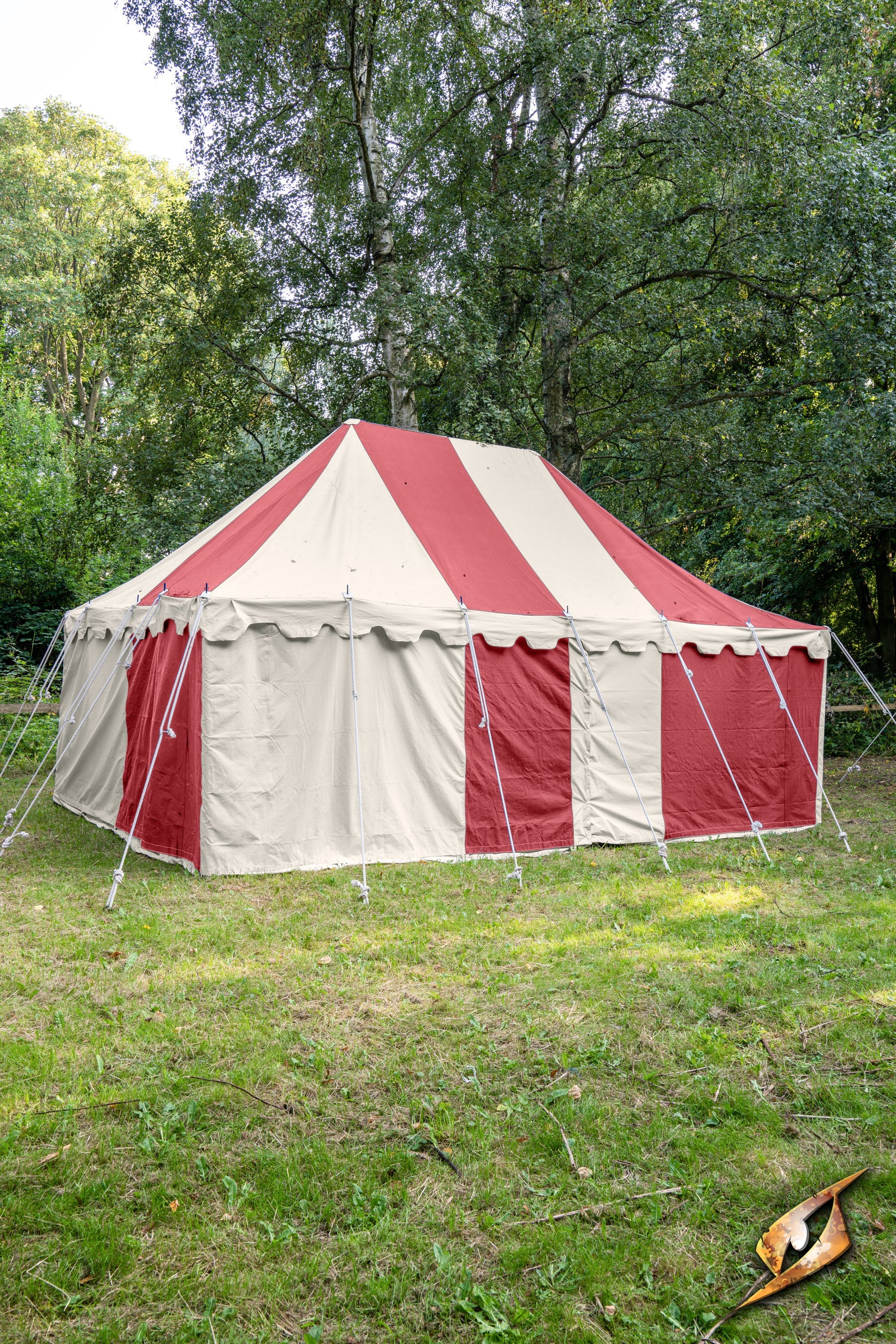 Marquee Tent - 4x6m set up in a green forest clearing with red and beige striped canopy.