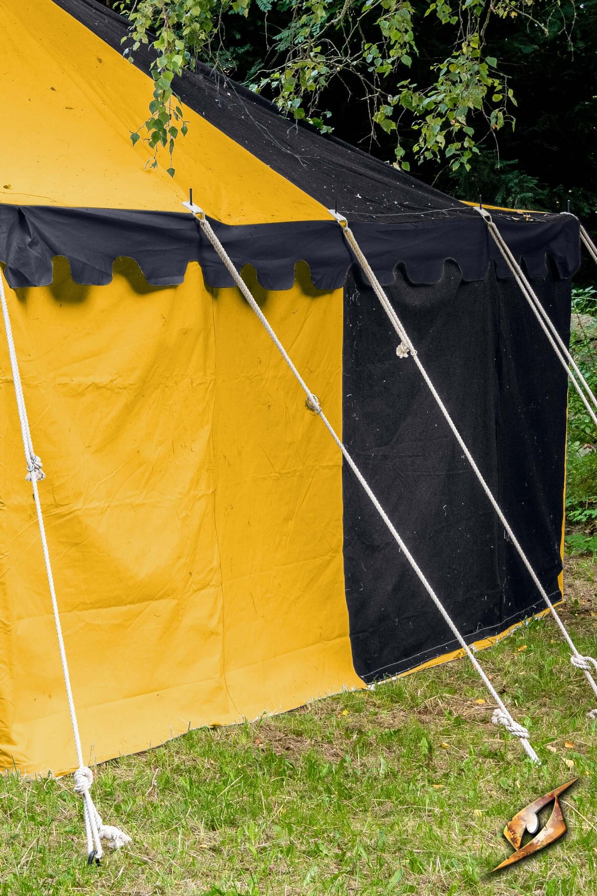 Marquee Tent - Sides - 5x8m showcasing the vibrant yellow and black walls with sturdy tie-downs.