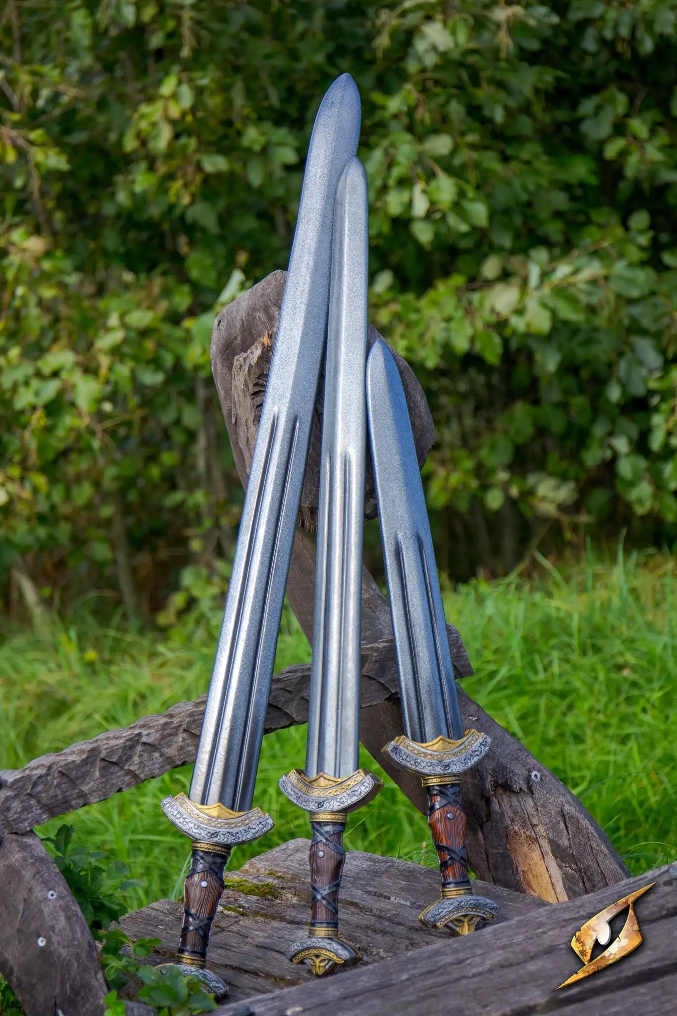 Warlord Sword by Epic Armoury with Nordic ornamentation, resting on a rustic wooden surface outdoors.