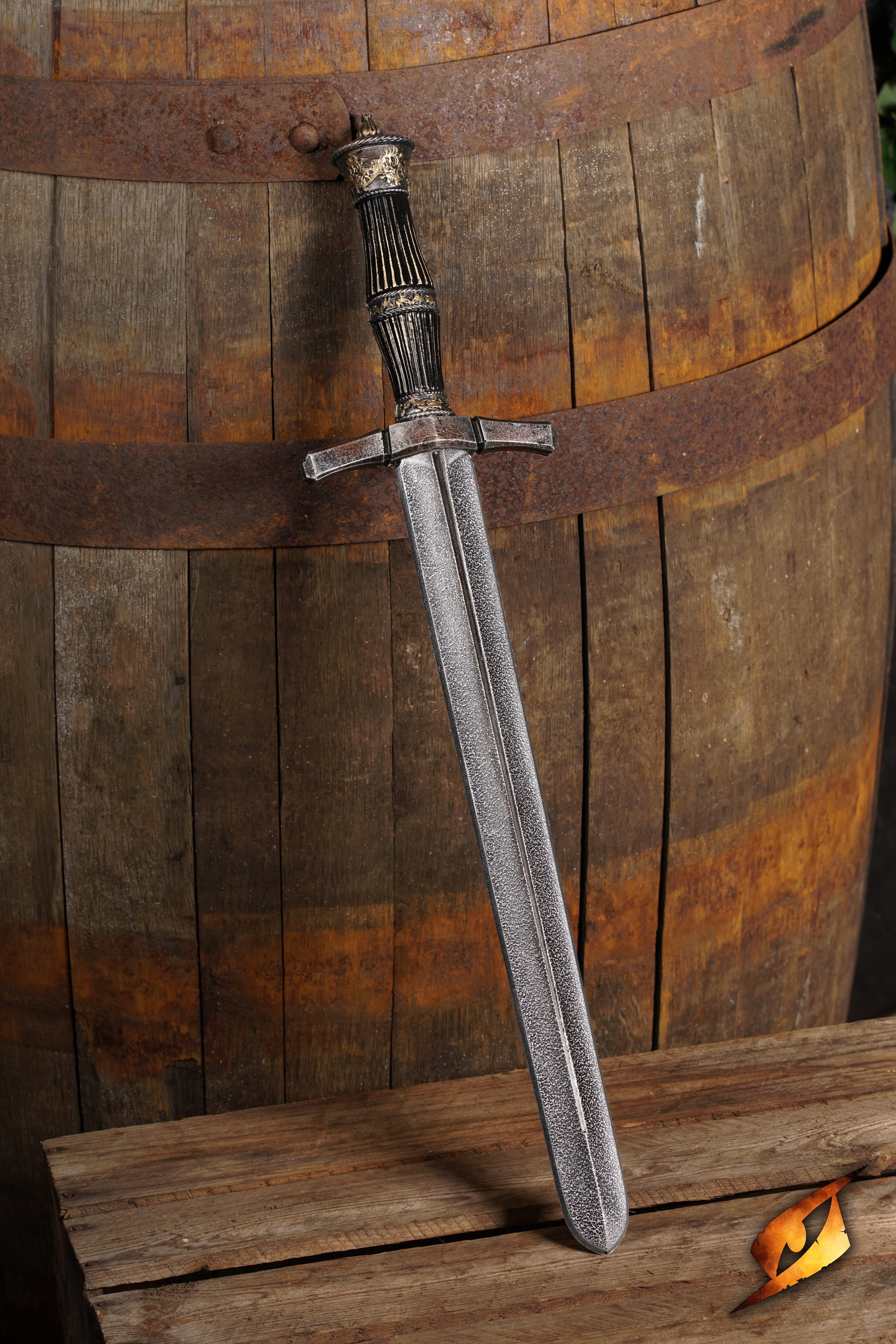 Blocking Dagger displayed on rustic wooden barrel background, highlighting its design and craftsmanship.