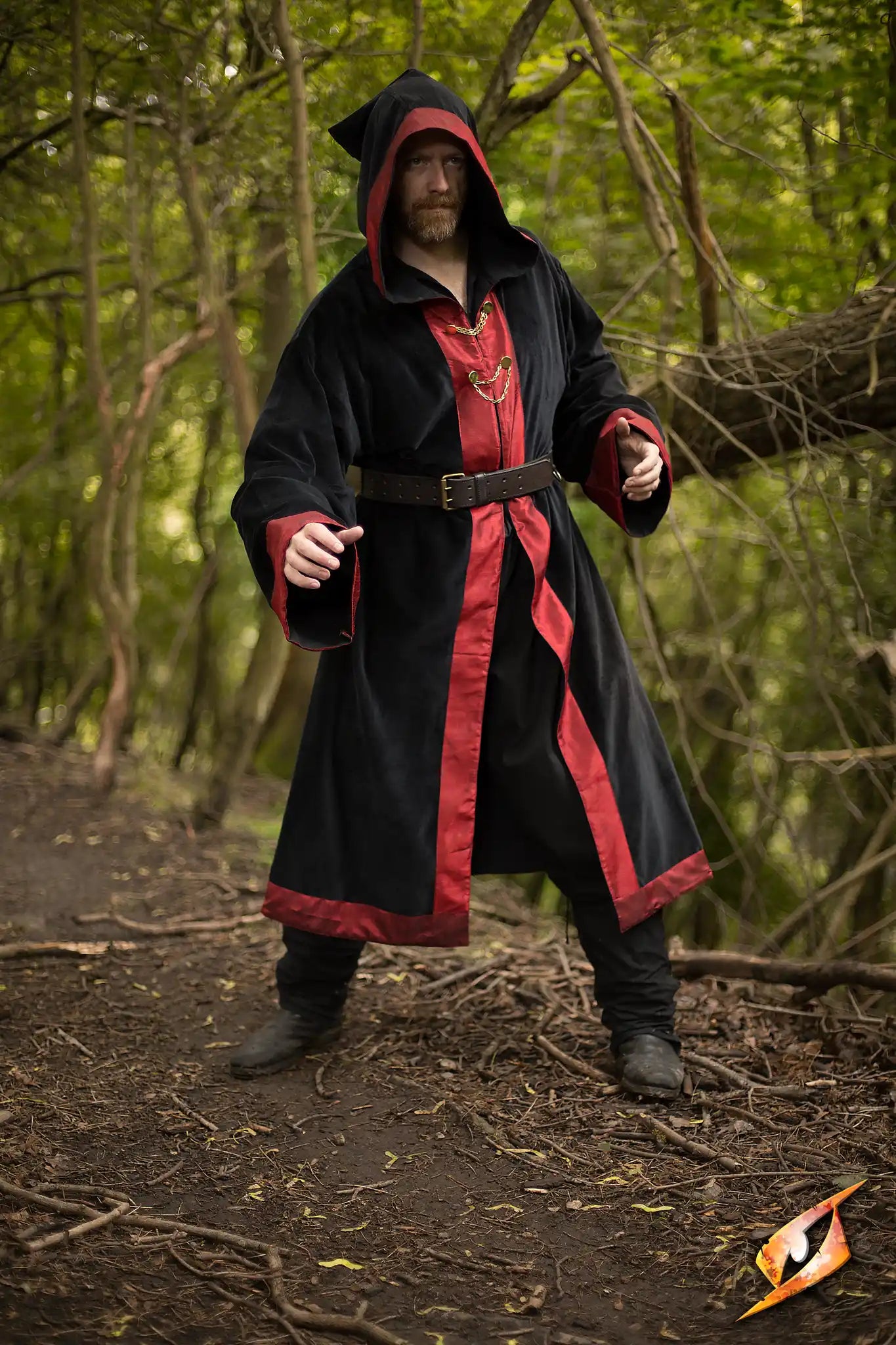 Wizard Robe in Epic Black with red trim, featuring a hood and long sleeves, perfect for magic practitioners.