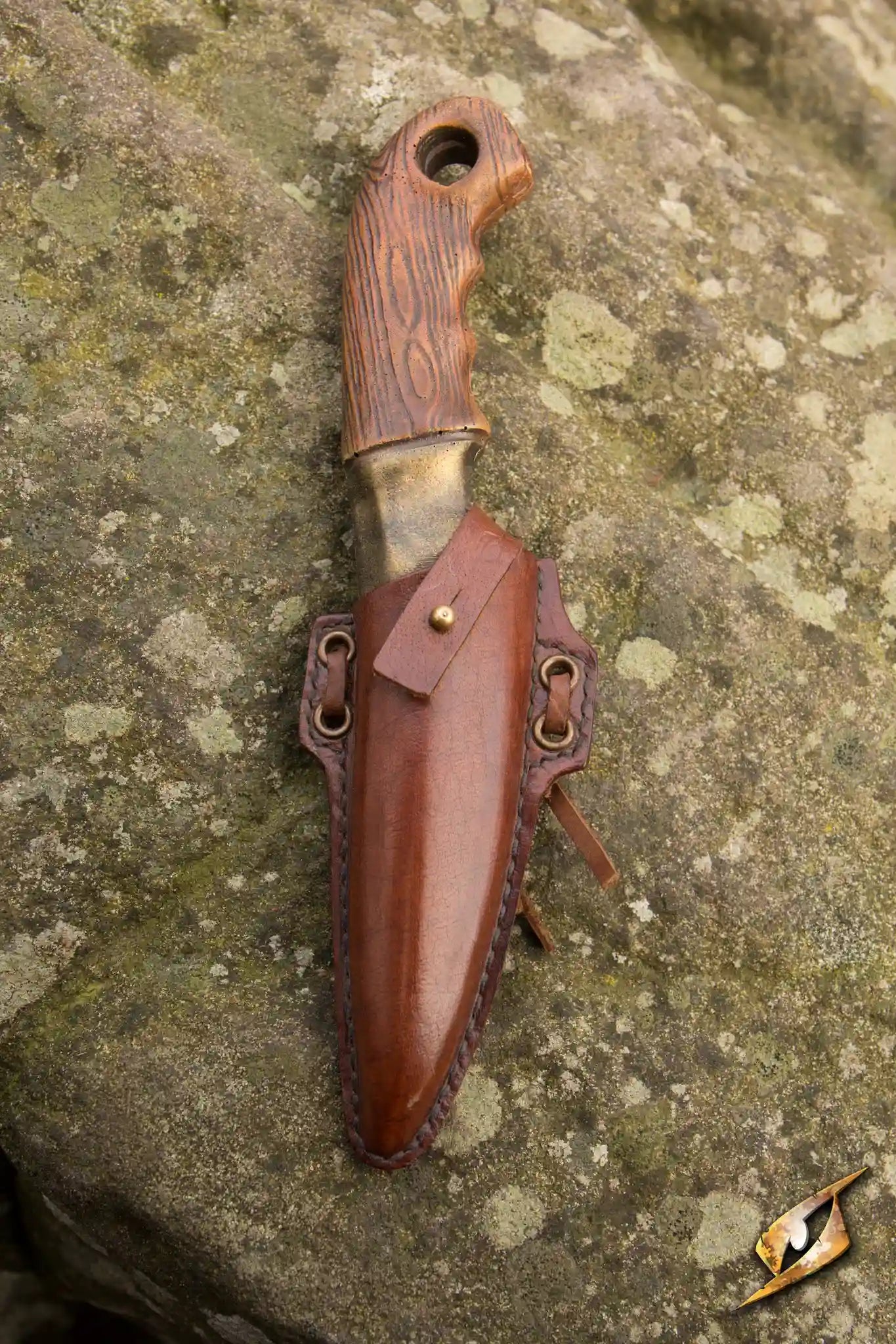 Woodsman Knife & Holder featuring a handmade leather holder in ox brown, designed for secure attachment to belt or armor.
