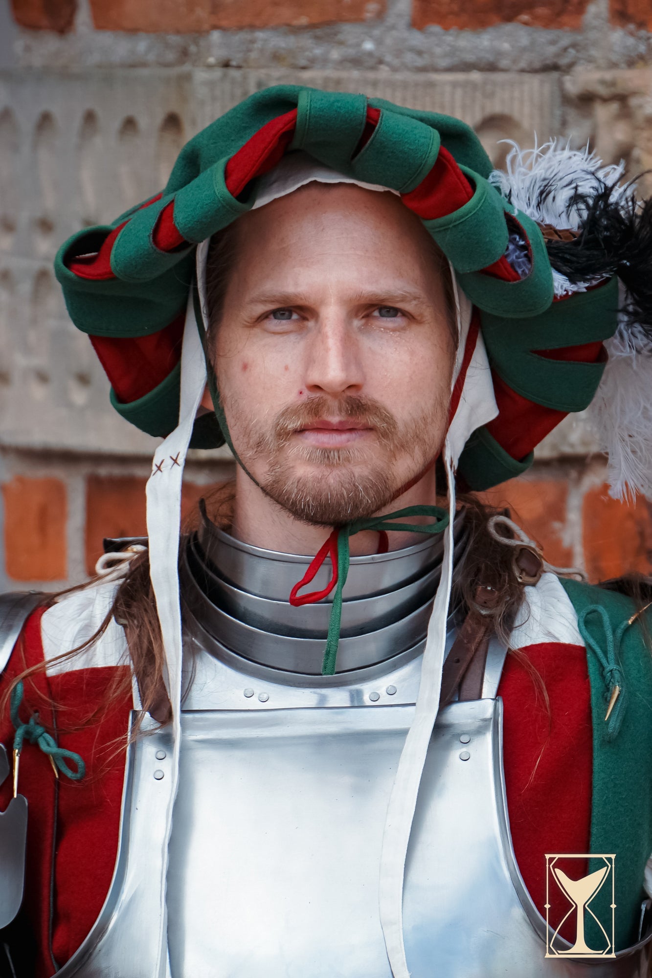 Landsknecht Gorget - 1.6mm - Yoremade worn by a historical reenactor showcasing medieval armor and attire.