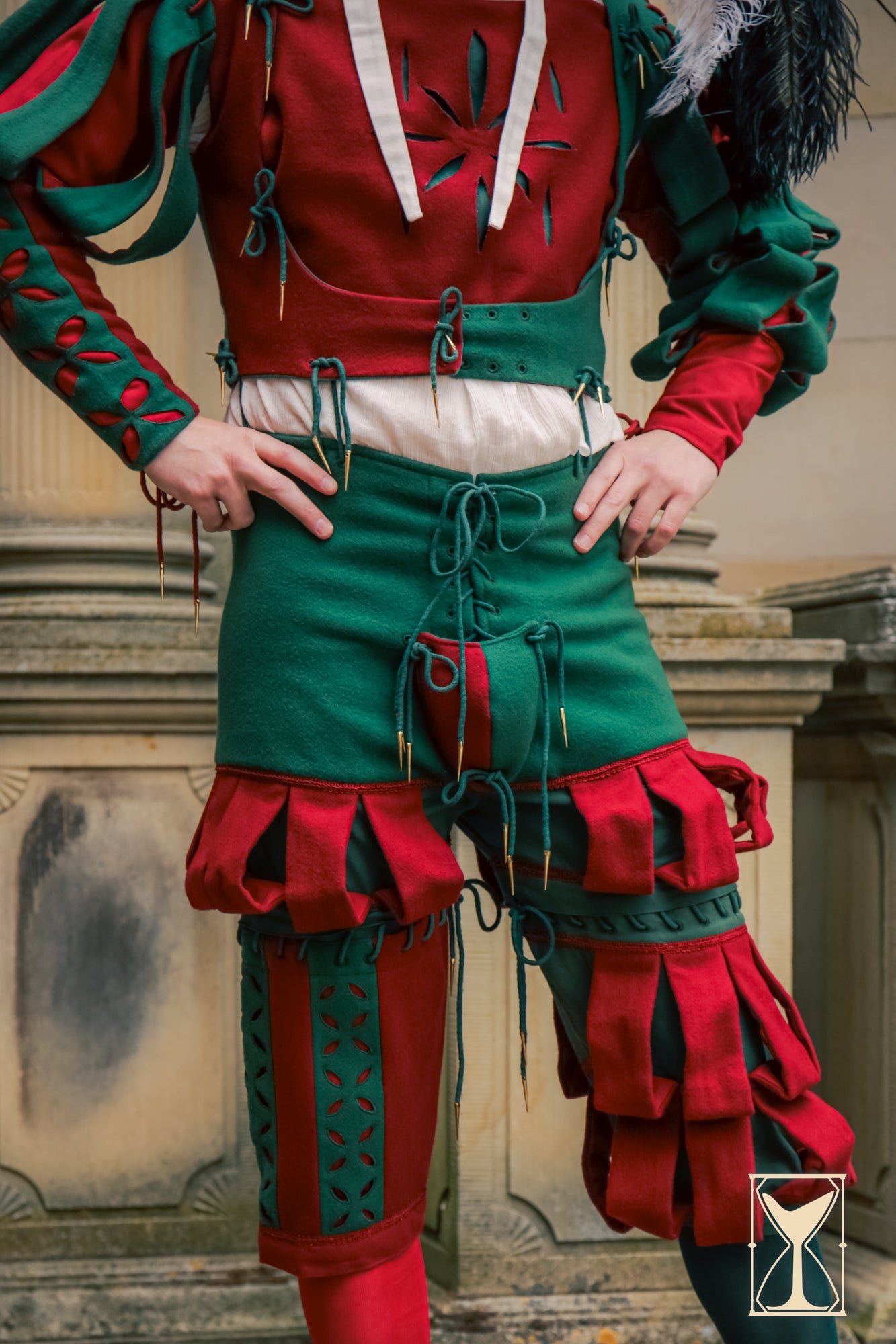 Landsknecht Breeches featuring intricate lacing and vibrant two-tone hues, inspired by 16th-century mercenary fashion.