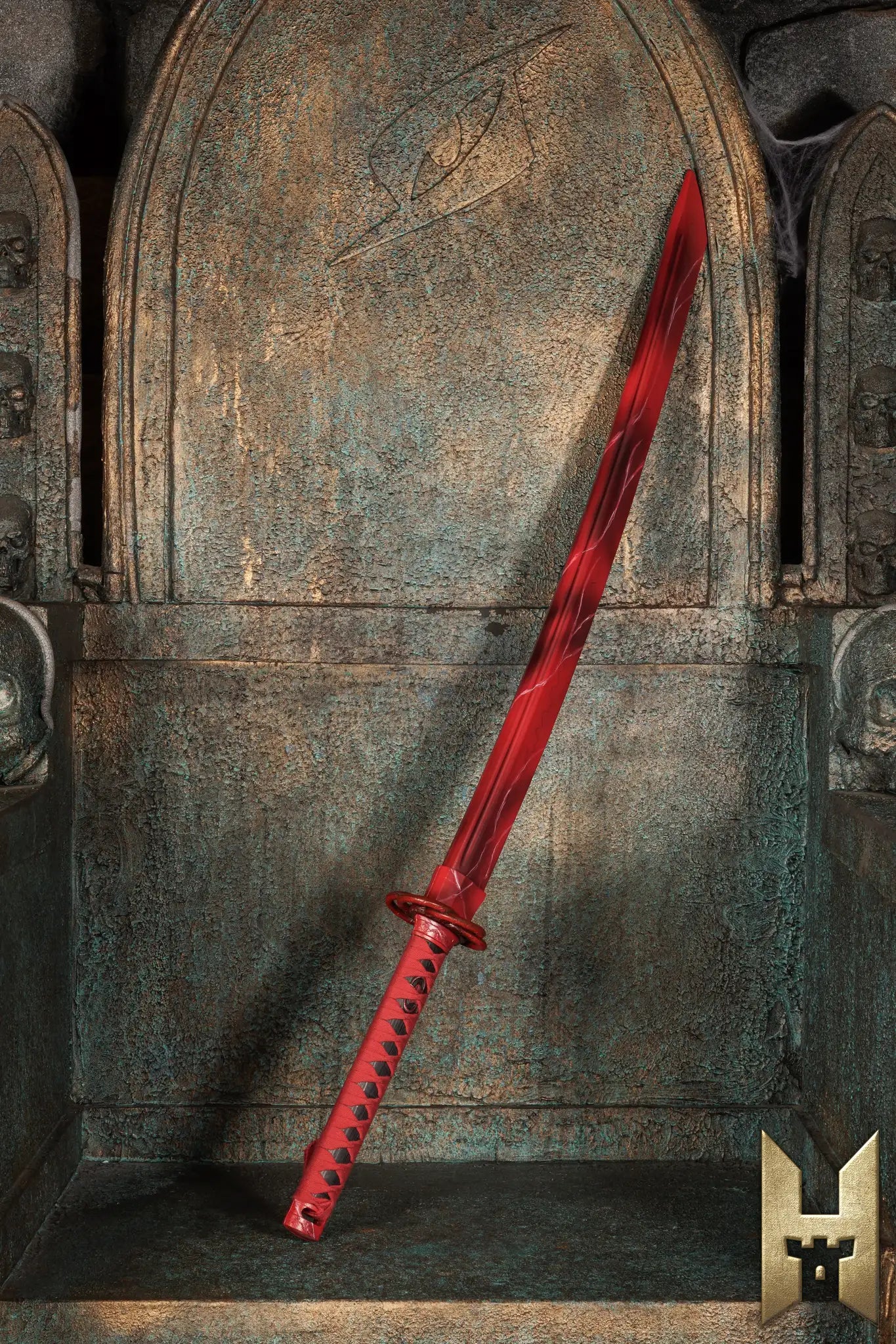 Ryūgan the Katana displayed prominently on a throne with a striking red blade and intricate designs.