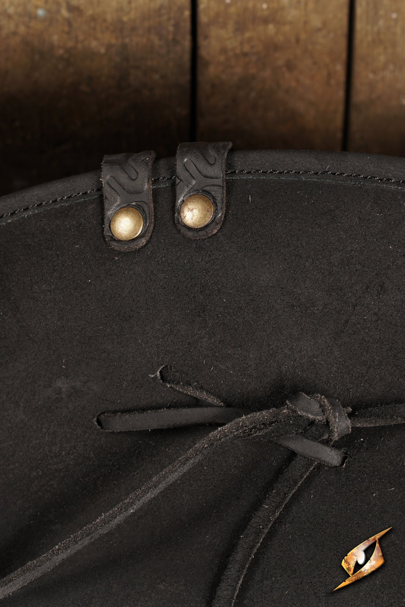 Close-up of the Simple Leather Pirate Tricorn Hat showing intricate detailing and fastening buttons.