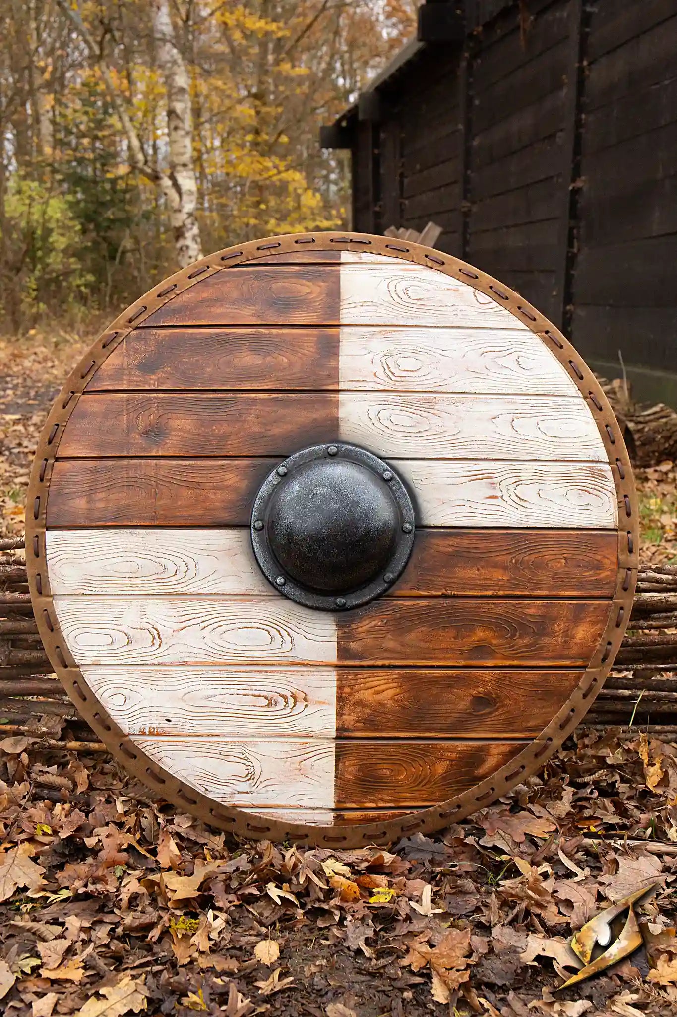 Thegn Shield: Epic Armoury’s red and white round latex shield for coastal raids and offensive fighting.