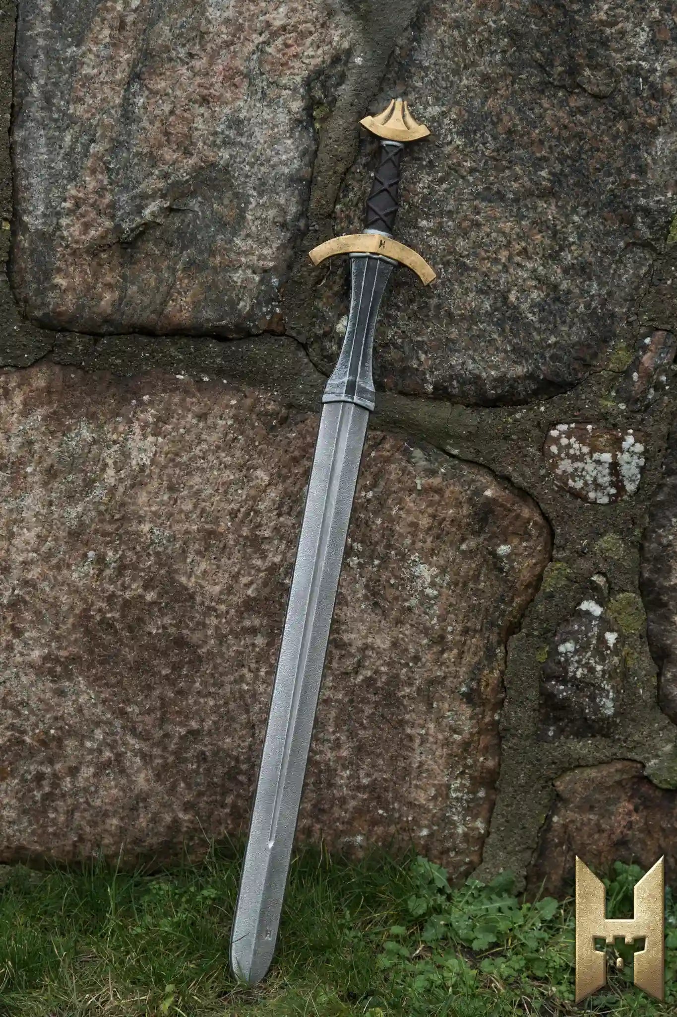 Arming Sword displayed against a stone wall, perfect for LARP battles and medieval-inspired costumes.