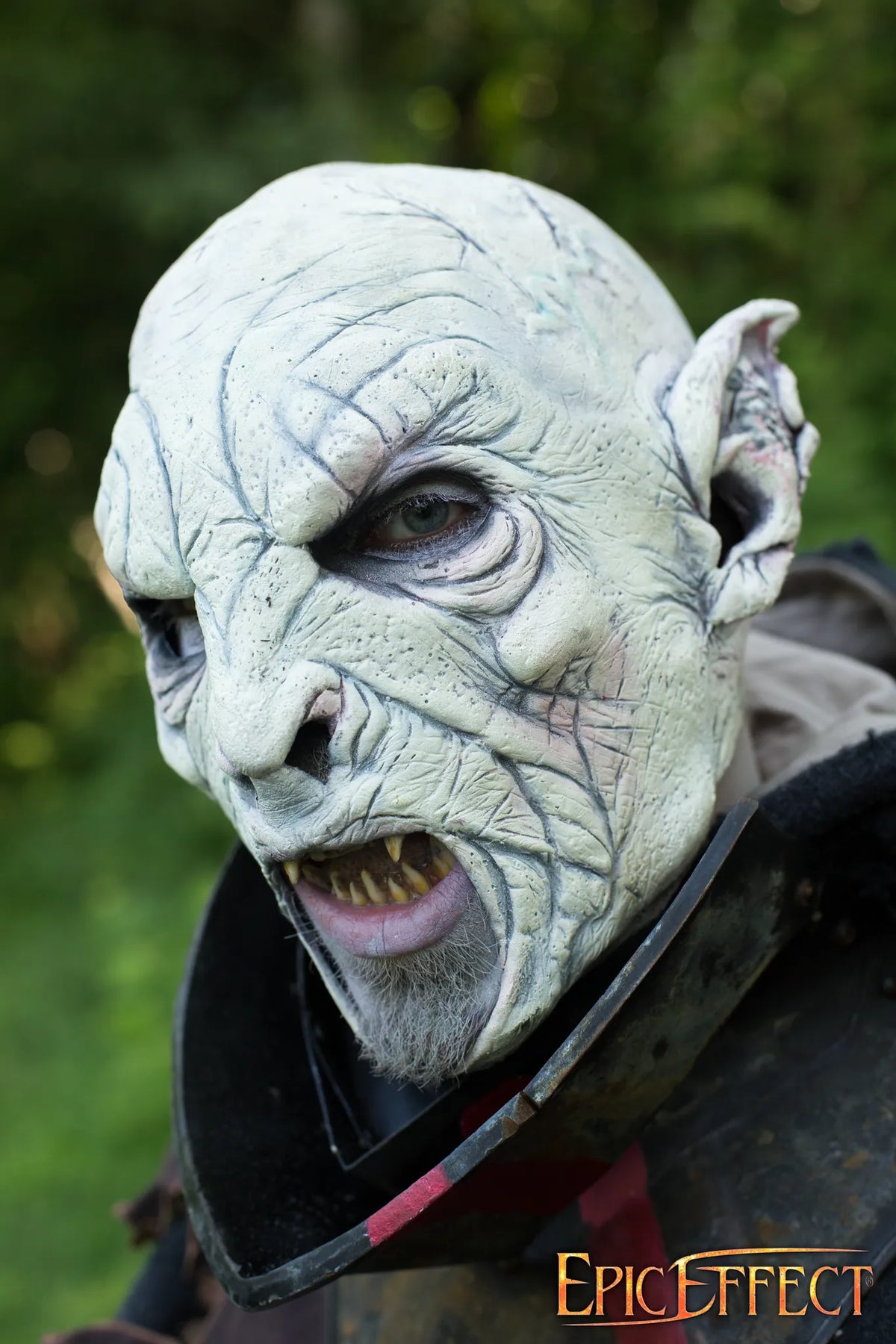 A detailed close-up of a Beastial Orc mask showcasing eerie features and textures.