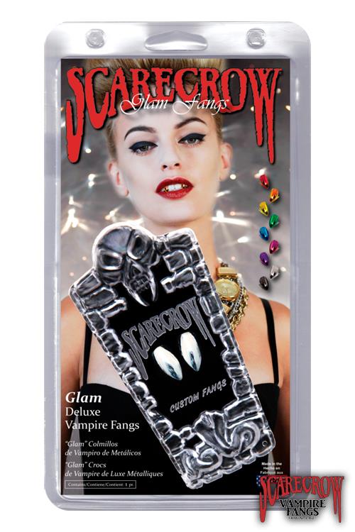 ScareCrow Vampire Fangs - Classic packaging featuring glam deluxe fangs for a spooky Halloween look.