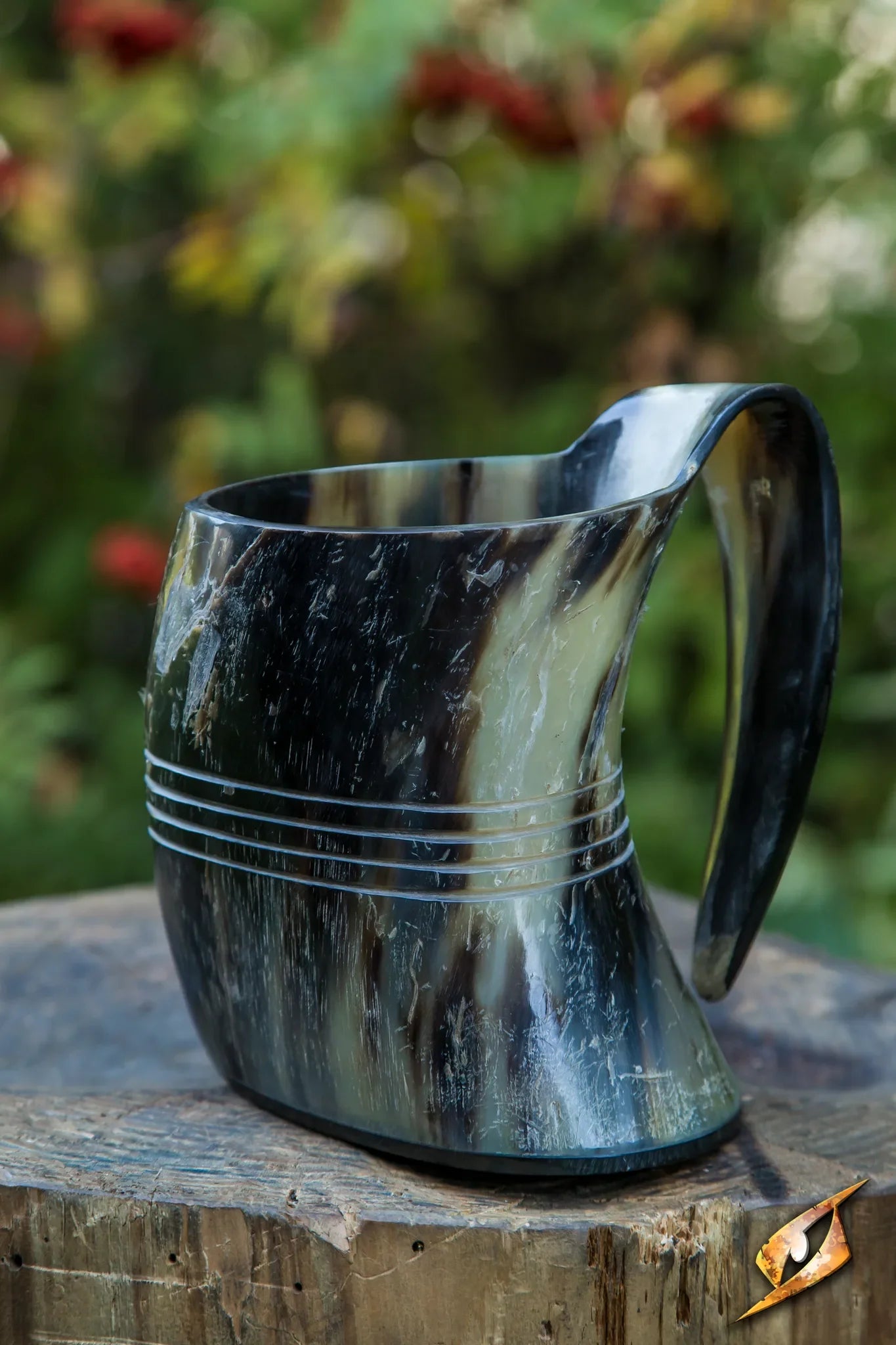 Savage Mug made of genuine horn designed for hydration and libation with etched horizontal lines.