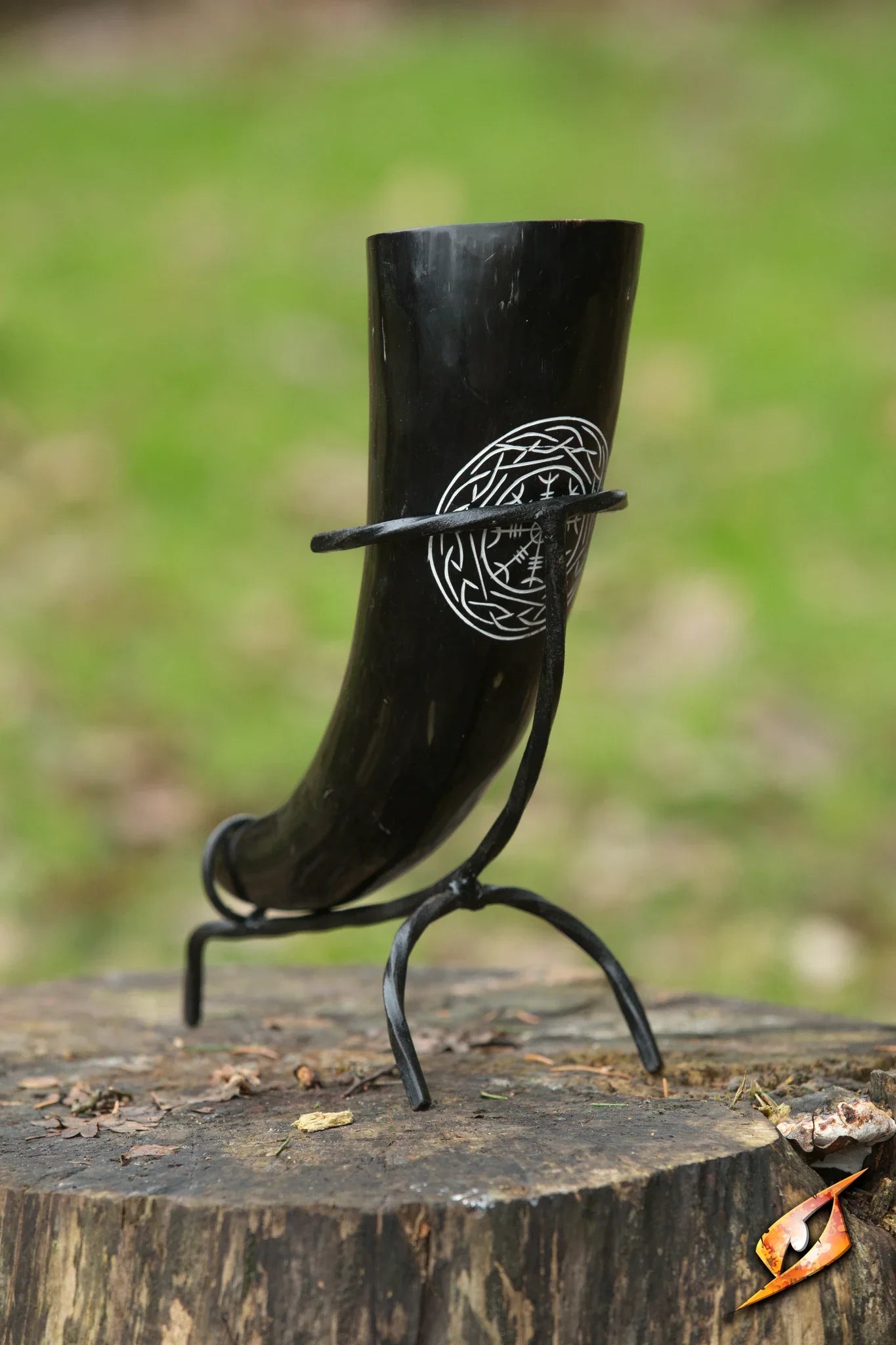 Aegishjalmur Horn With Stand displayed on a wooden surface, ideal for drinking and storytelling.