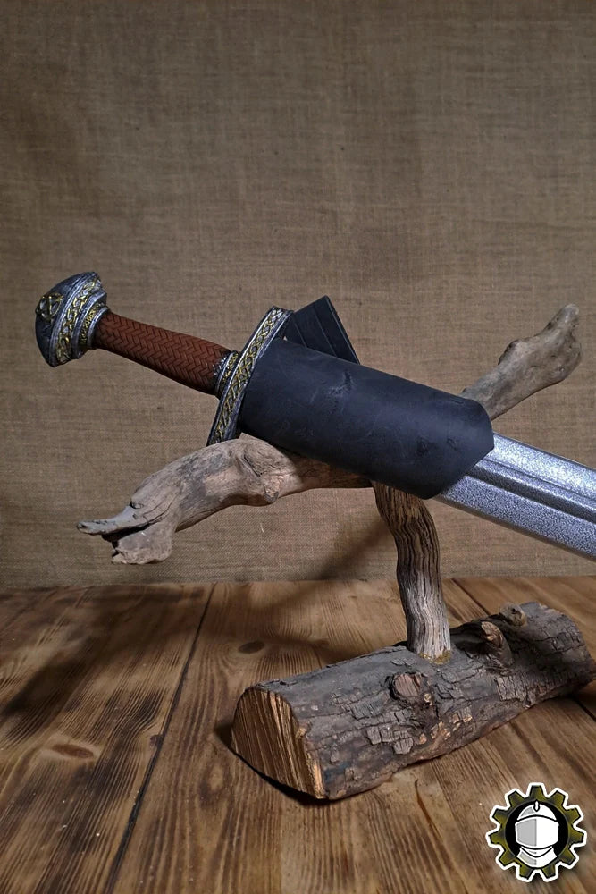 Sword Holder (New Blood) displayed on a rustic wooden stand with a detailed LARP sword.